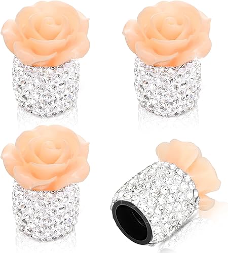 Tapas de vástago de válvula con diamantes de imitación, 4 unidades, con diseño de flores rosas, universales, accesorios de automóvil, SUV,