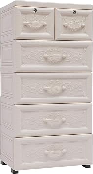 5-Tier Stackable Storage Bins with Wheels & Lock, White Foldable Plastic Storage Cabinet Organizer with Drawer Lid, Collapsible for Home, Office, Dorm Room 13.7" L x 40.1" W x 19.6" H