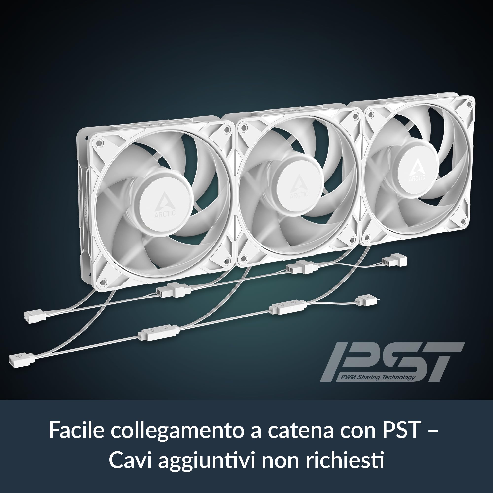 ARCTIC P12 Pro A-RGB (White) - 3 Pezzi - Ventola Potente Premium, Ventola PWM 120 mm con Sdoppiatore per Cavi Y, 600-3000 rpm, 0 rpm <5% PWM, RGB digitale 5V, Cuscinetto Idrodinamico, a 4 Pin