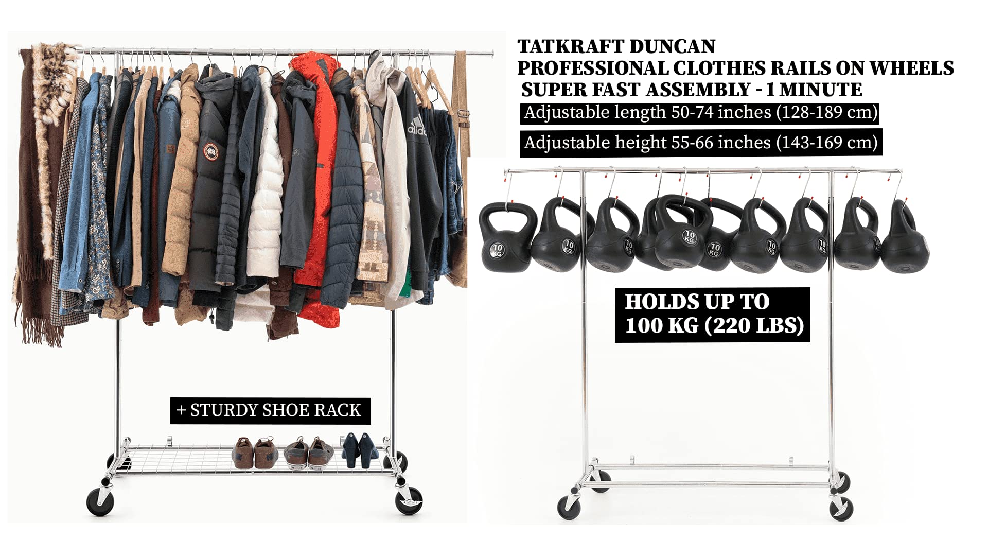 Tatkraft Duncan - Profi Schwerlast Kleiderständer auf Rädern, bis 100 Kg | Kleiderstange Faltbar, 1 Min Montage, Ausziehbar Verstellbar 128-189x107x143-169cm, Rollgarderobe mit Ablage, Verchromt Stahl