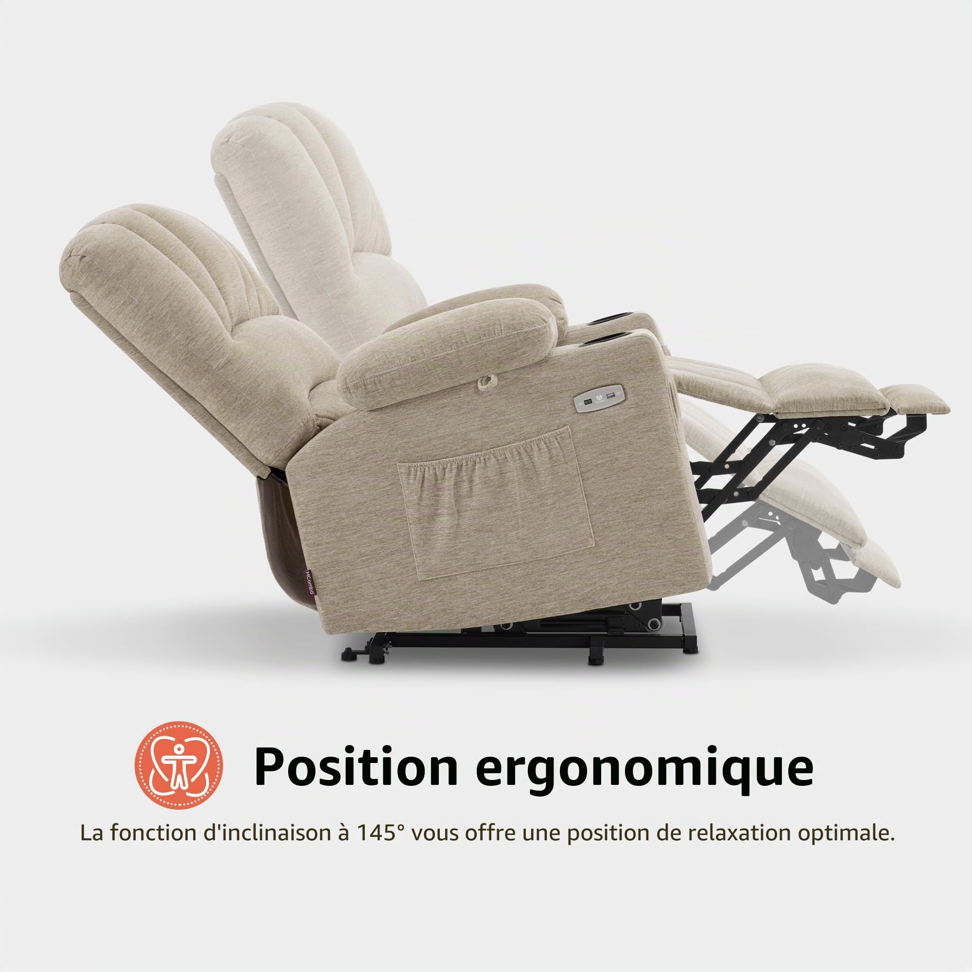 M MCombo Fauteuilavec Aide à se Lever électrique, Fauteuil Relax avec Fonction inclinable, Fauteuil de Massage avec Fonction de Chaleur, pour Le Salon des Seniors, 7102 (Tissu, Beige)