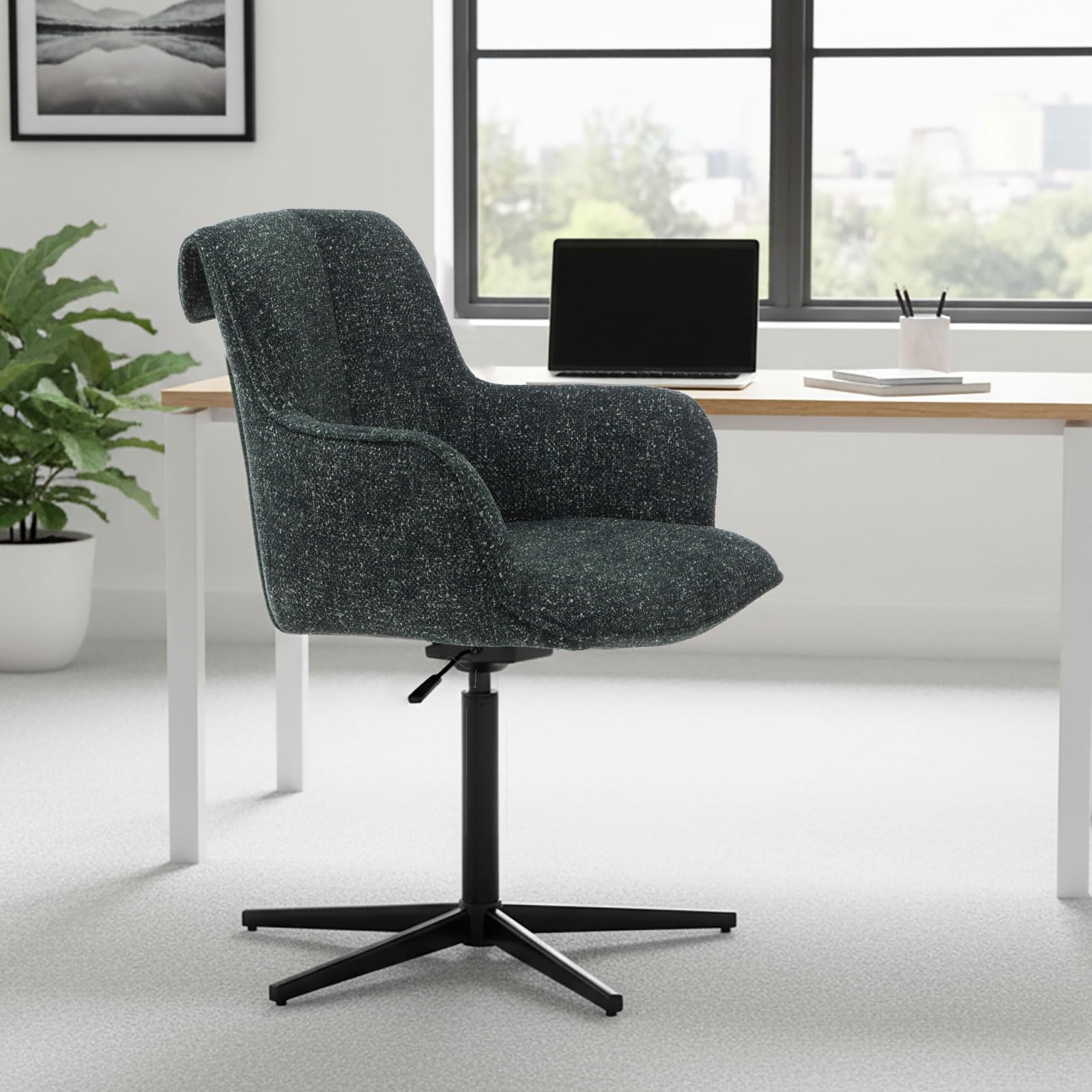 Silla Escritorio sin Ruedas, Silla Giratoria 360°, Sillas de Oficina Tejido de Punto con Patas de Metal, Verde Oscuro