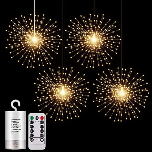 Paquete de 4 800 luces LED con forma de esfera de explosión de estrellas, luces de fuegos artificiales, 8 modos regulables, control remoto,