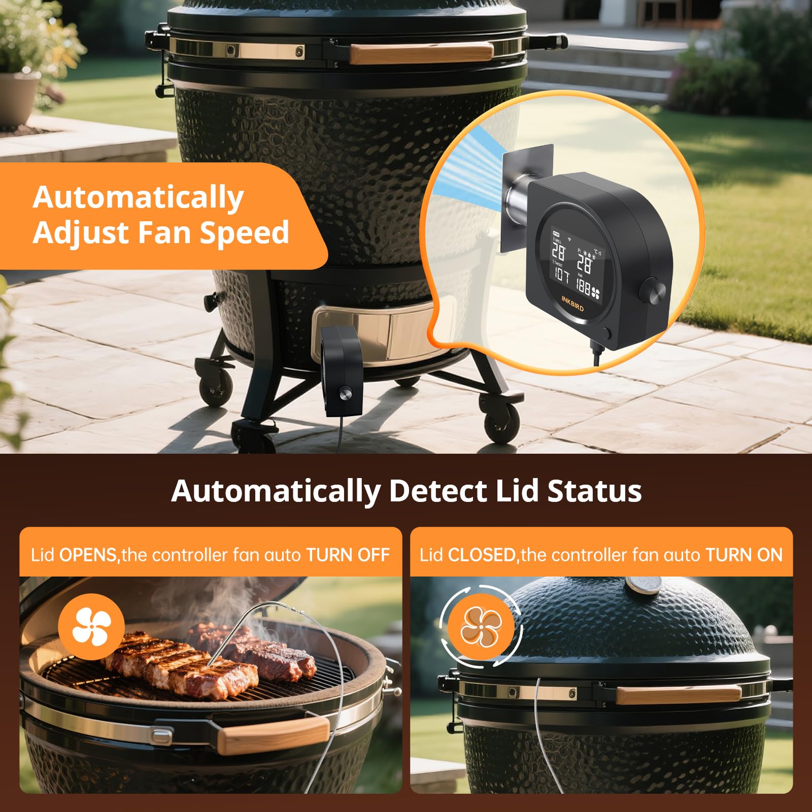 INKBIRD Termocontrollo Wi-Fi 5G e Bluetooth per Grill con 5 Sonde, Ventilatore Automatico per Affumicatore, Allarmi per Alte e Basse Temperature,ISC-028-BW