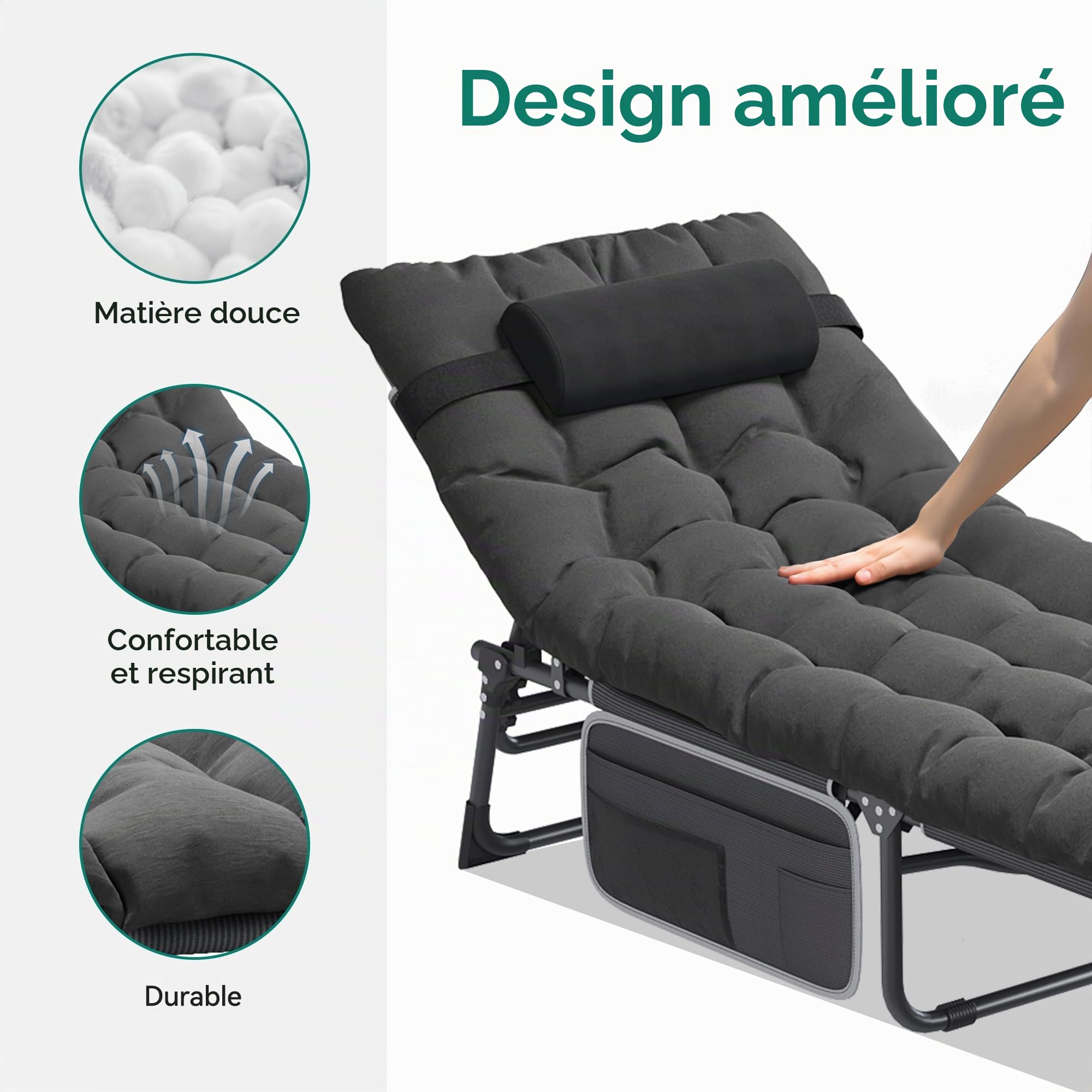 YITAHOME Bains de Soleil avec Coussin 190x68x31cm Chaise Longue Réglable en 4 Positions, Transat Jardin Exterieur avec Appui-tête et Latérale Capacité de Charge 200KG pour Jardin, Piscine, Noir