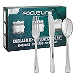 FOCUSLINE 300 Pack Silver Plastic Cutlery Set - 100 Forks, 100 Knives, 100 Spoons - Disposable Flatware Heavy Duty Plastic Silverware Set for Catering, Parties, Dinners, Weddings