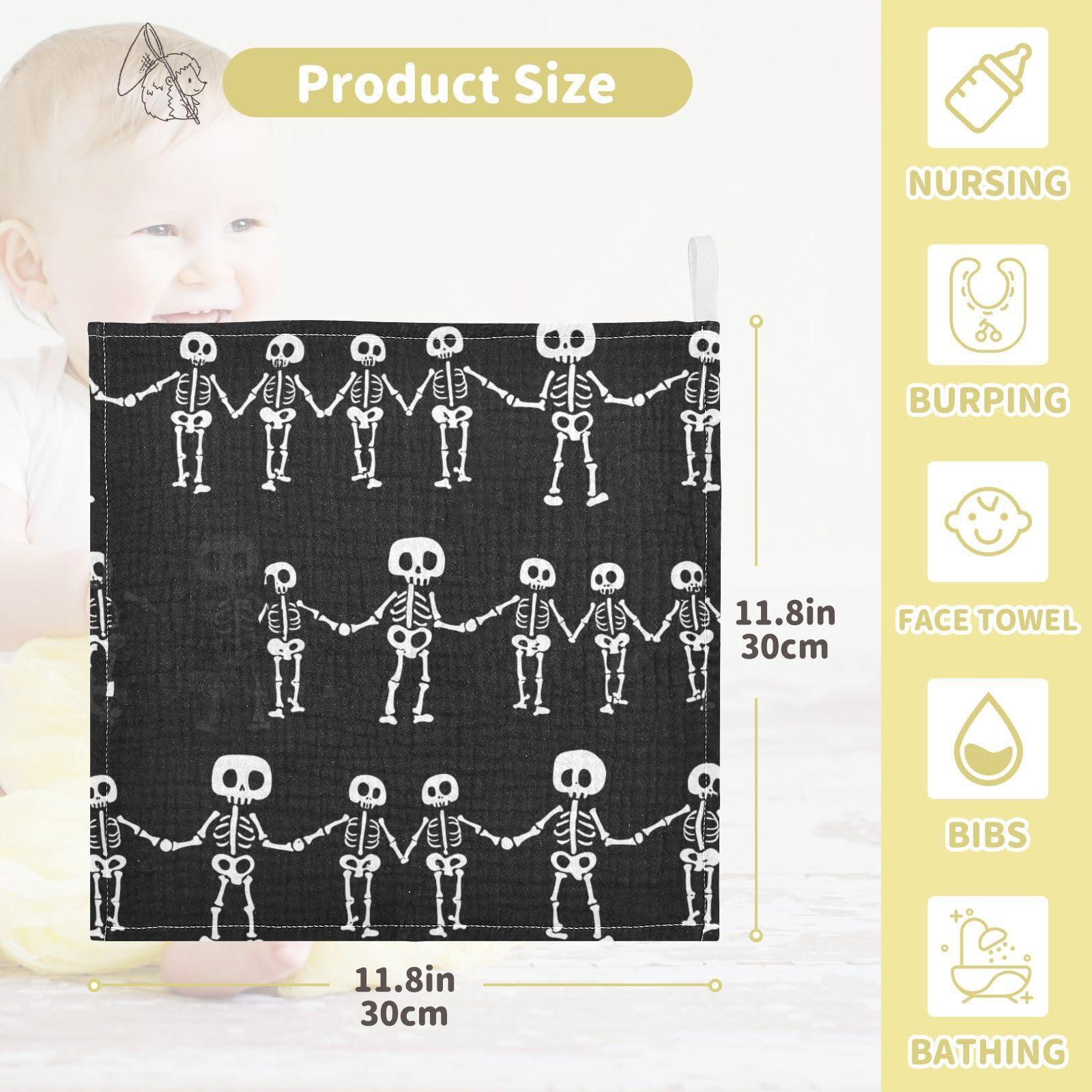 Nander 3Pack Baby Muslin Washcloths,Cool Skull Soft Face Cloths for Newborn, Absorbent Bath Wash Cloths, Wipes, Burp Rag,Toddlers Essentials Stuff, Baby Registry as Shower