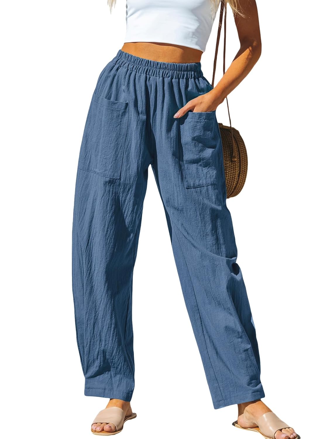 CUPSHE Women Pants Patch Pocket Tapered Leg Elastic Waist Long Pant Casual Beach