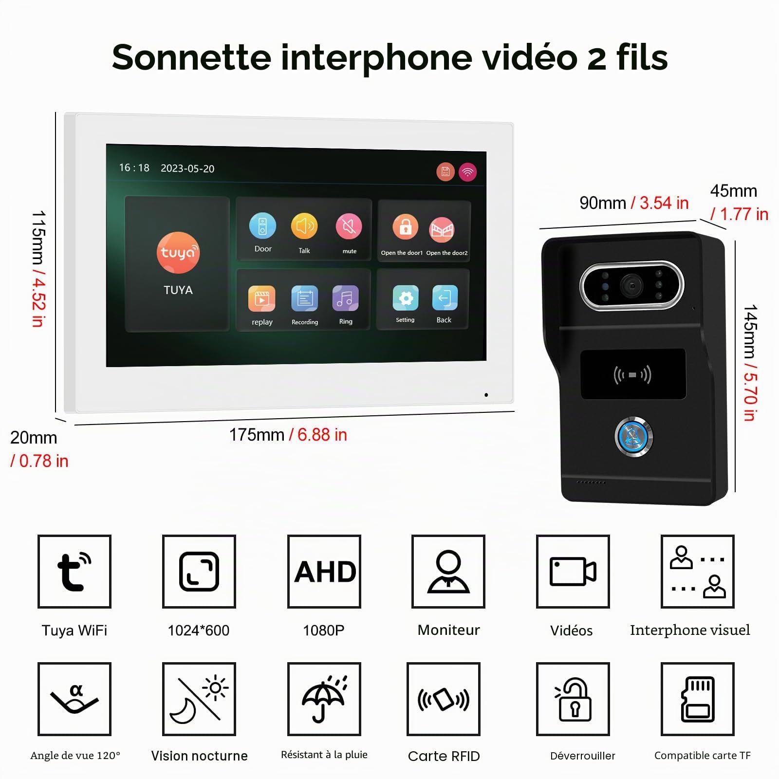 2 FilsTuya et 1080P Système d'Intercommunication avec Interphone Vidéo, Déblocage RFID,Détection de Mouvement,Vision Nocturne et Lecture Vidéo,Idéal pour Les Appartements+Hei