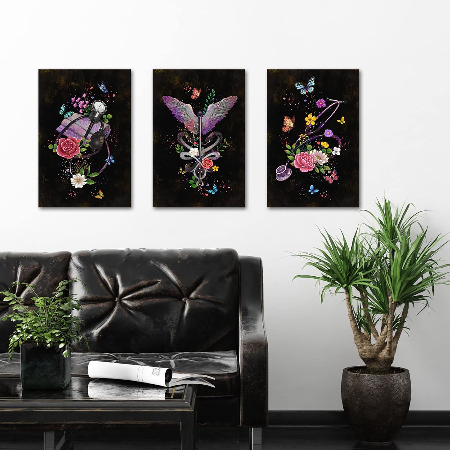 Conipit Medical Office Wall Art Stethoscope Canvas Picture Medical Instruments with Snake Butterfly Flower Artwork for Hospital Clinic Wall Decor Doctor Present Nurse Day Gifts (Large) - Image 2