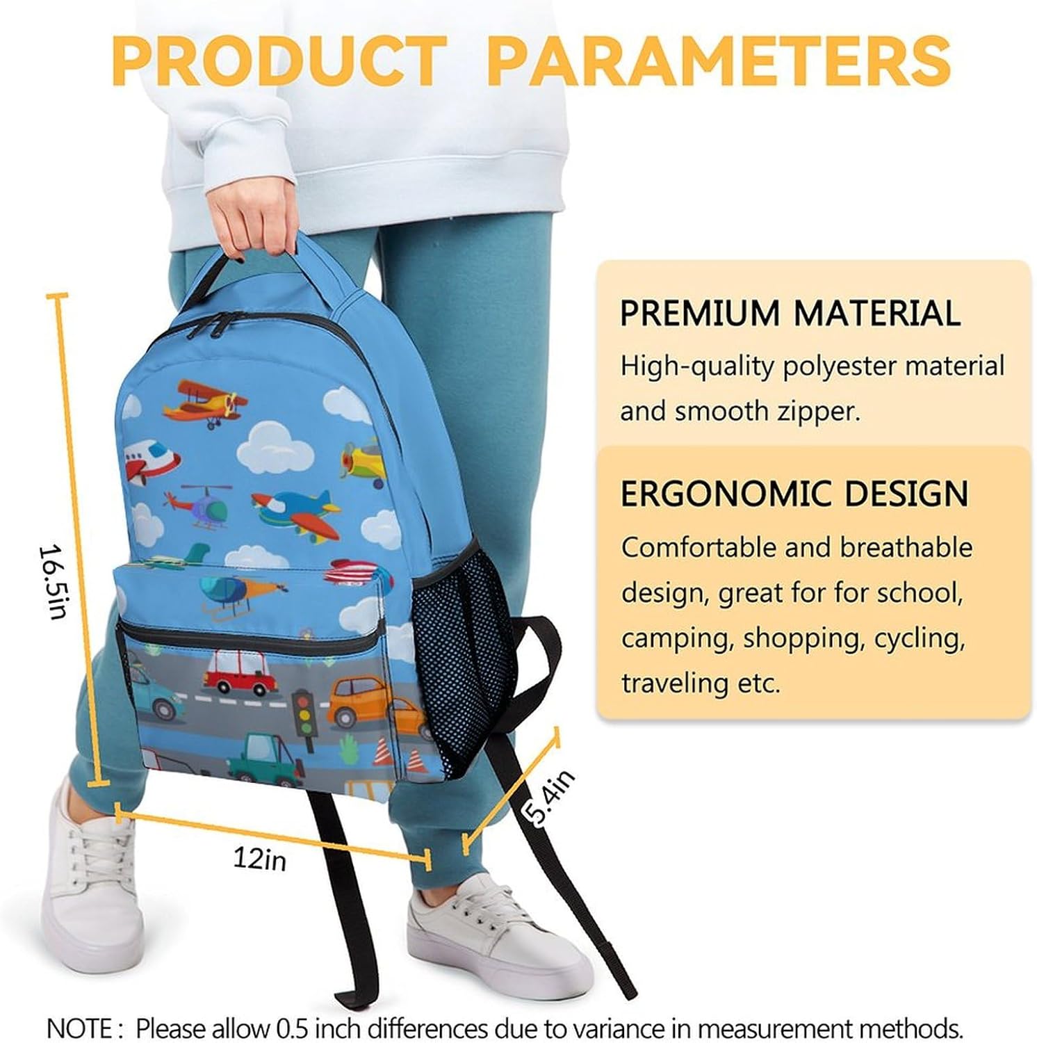 Boys Backpack for School, Airplane Backpacks for Kids, Large Capacity Daypack for Preschool,Travel, Cartoon Blue Lightweight Students Bookbag