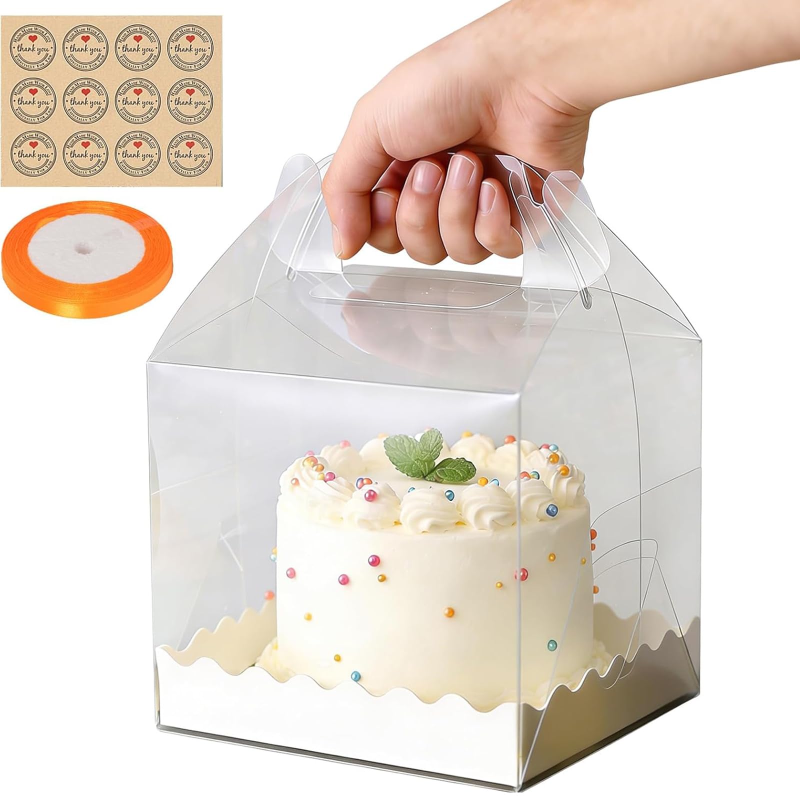 RAINPOP 15Pcs Transparent Cake Boxes, Square Plastic Baking Box Clear Cake Gift Box with Handle, 6in Individual Cake Boxes Containers Display Box for Dessert Candy Cakes