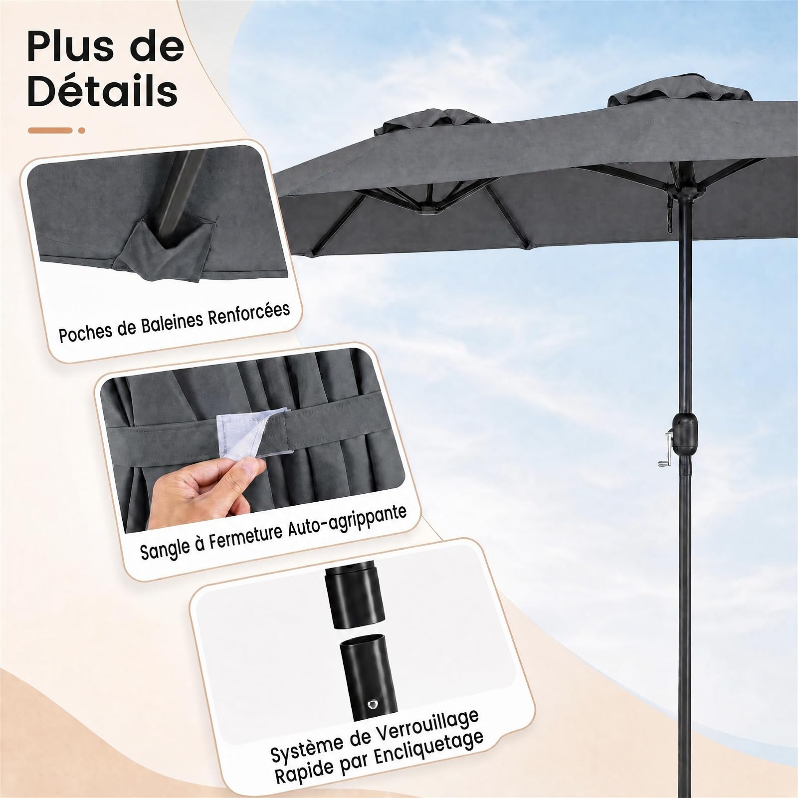 RELAX4LIFE Grand Parasol Double 4x2 M, Grand Parasol de Jardin Extérieur avec Manivelle, 12 Baleines, Toile Polyester Hydrofuge, Protection Solaire, Montage Facile pour Terrasse, Piscine (Gris)