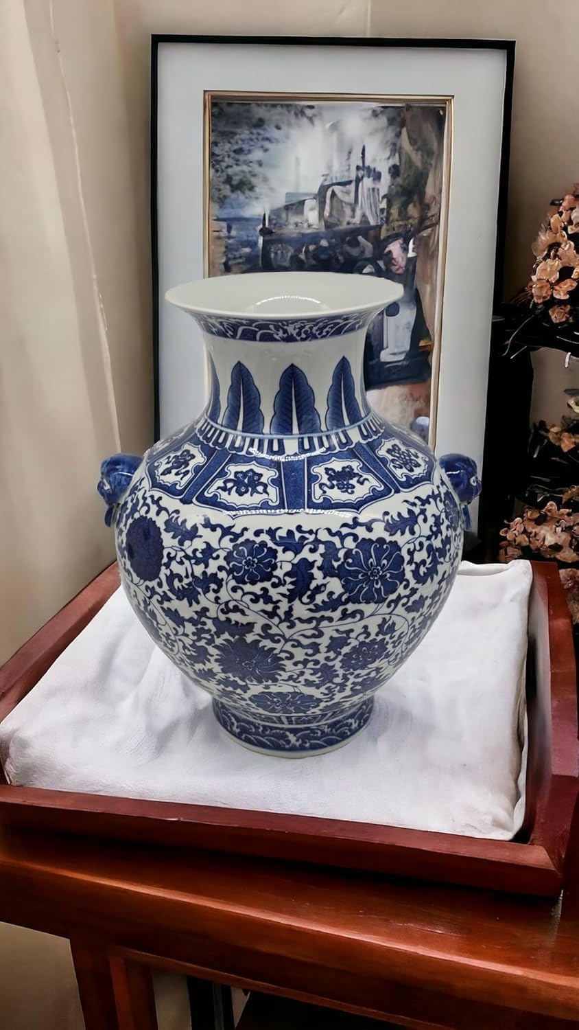 Festcool 16“ Classic Blue and White Floral Porcelain Vase, Double Lion Head Ears Ceramic China Ming Style