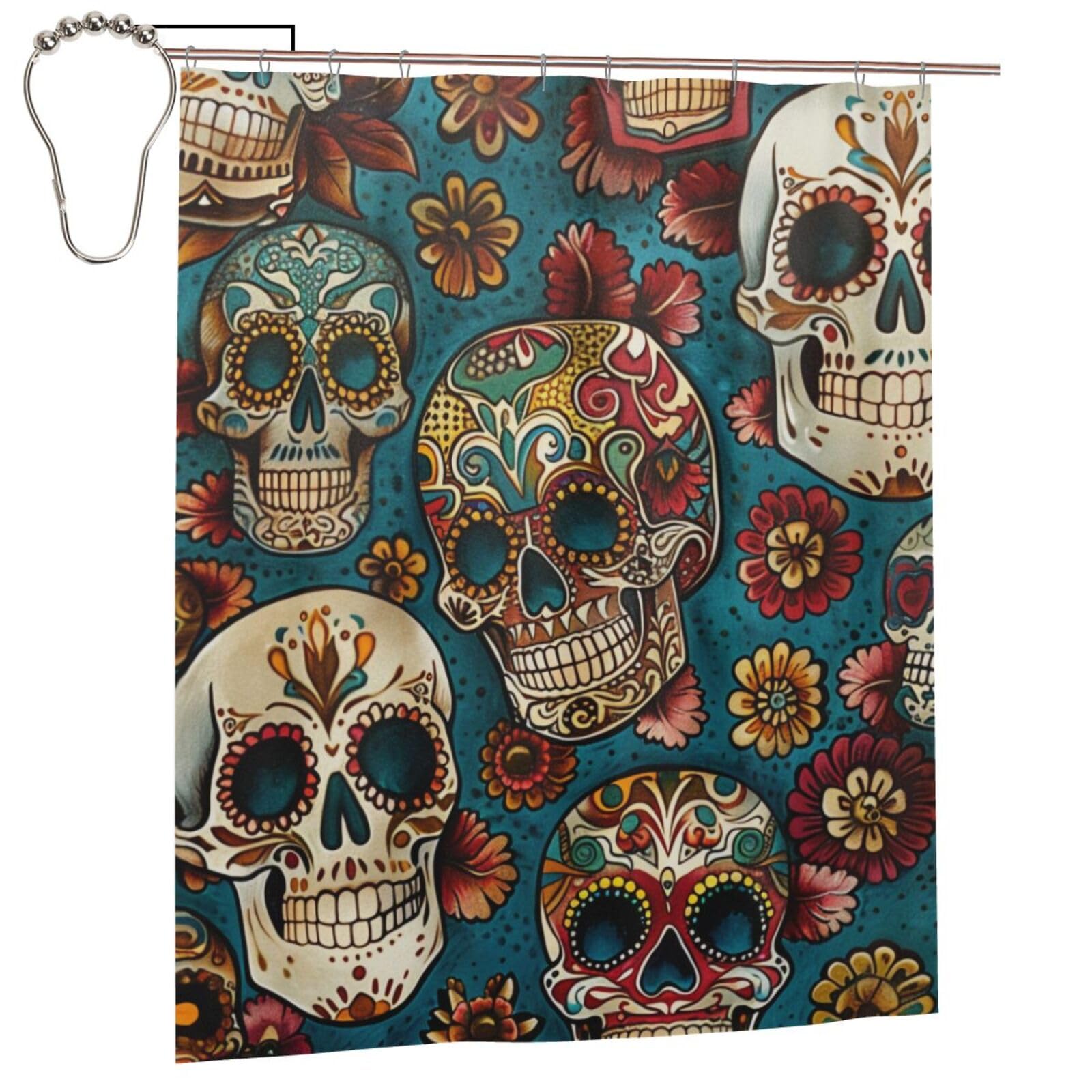 BWWHCCTI Sugar Skulls Print Printed Shower Curtain With 12 Iron Hooks Opaque Quick Drying Waterproof Shower Curtains Sets For Bathroom 152x183 Cm