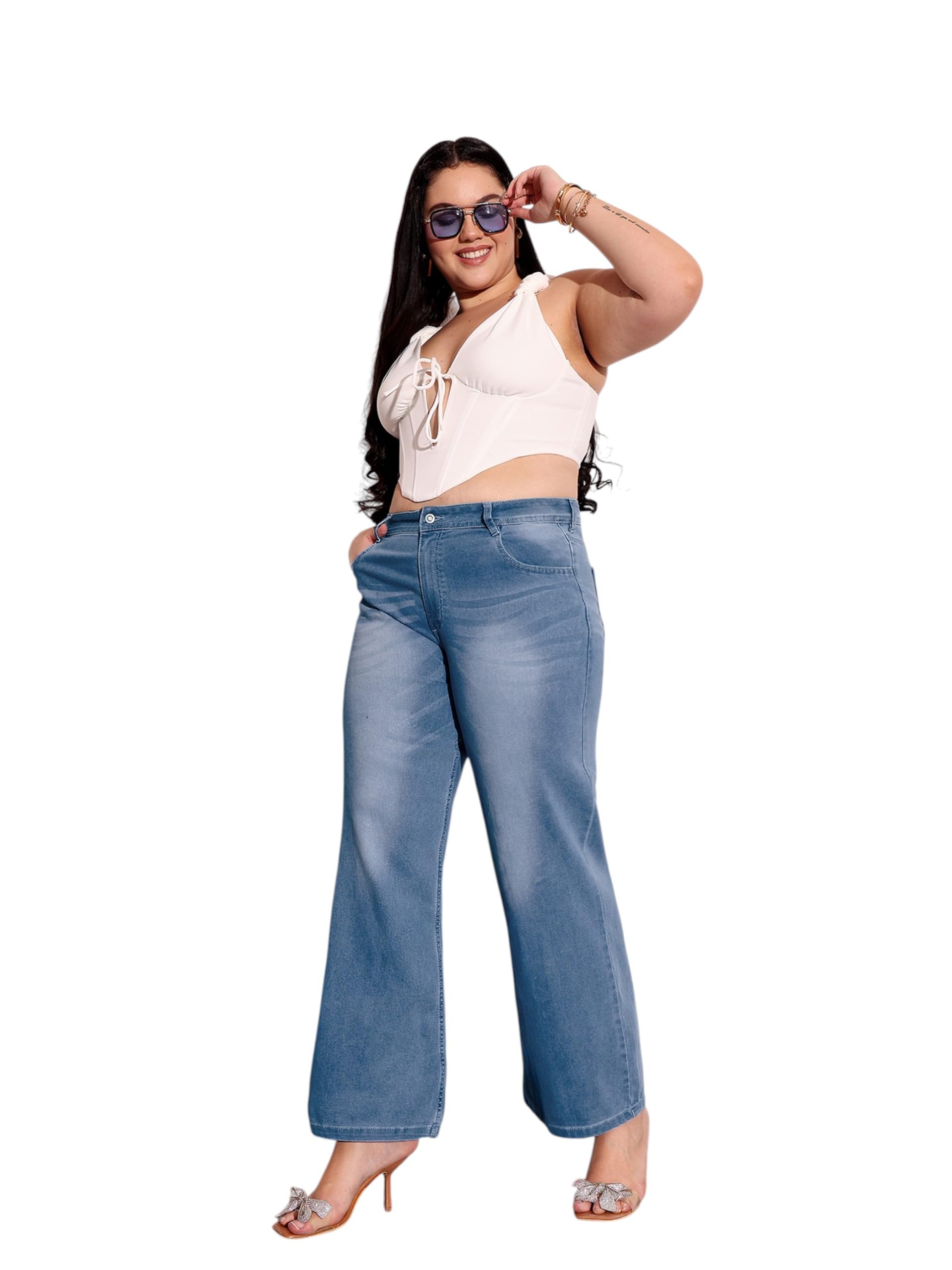 miss chase a+ Women's Wide-Leg Mid Rise Regular Length Blast Effect Denim Jeans (APSS25DEN68-50-158-40, Light Blue, 40)-picture-13