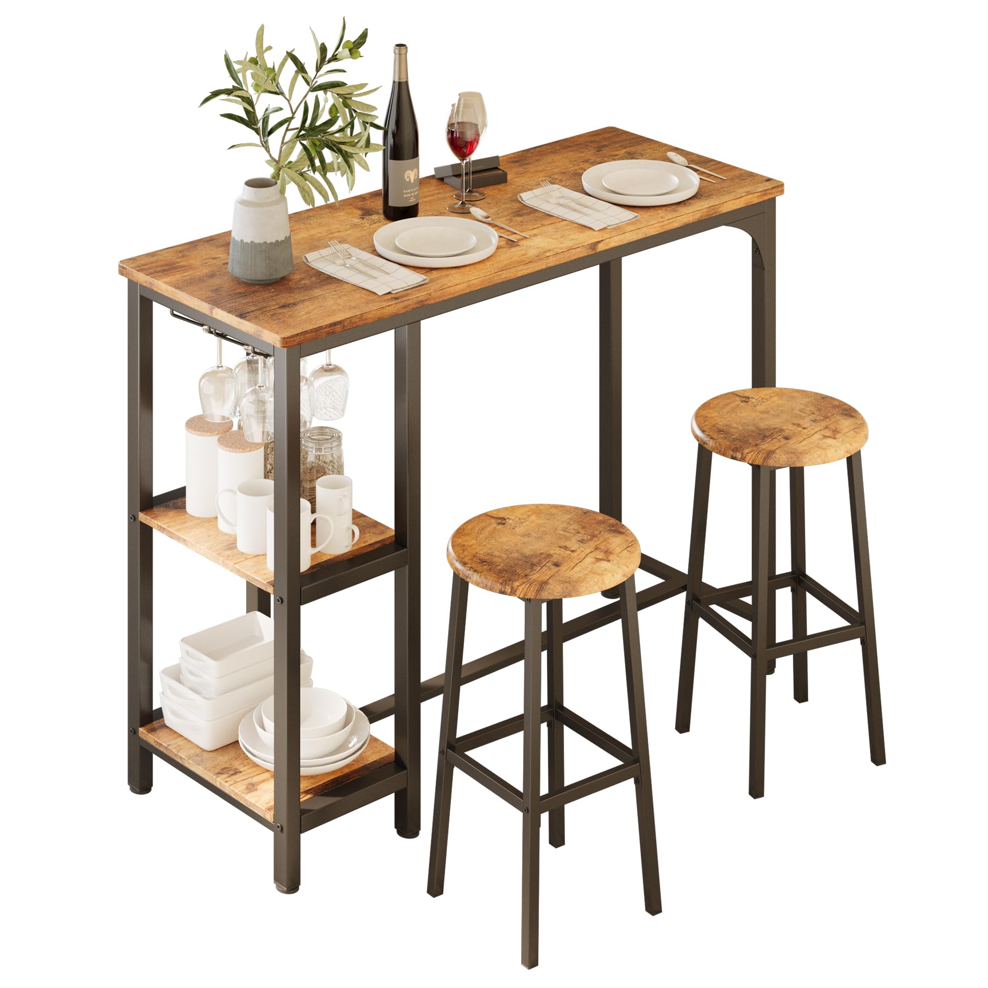 Set de Bar, Set de Bar 3 pièces avec 2 tabourets de Bar, Table de Bar pour Cuisine avec 2 étagères et Porte-Verres, Table de pub Multifonction pour Salon et Salle à Manger (Rétro)
