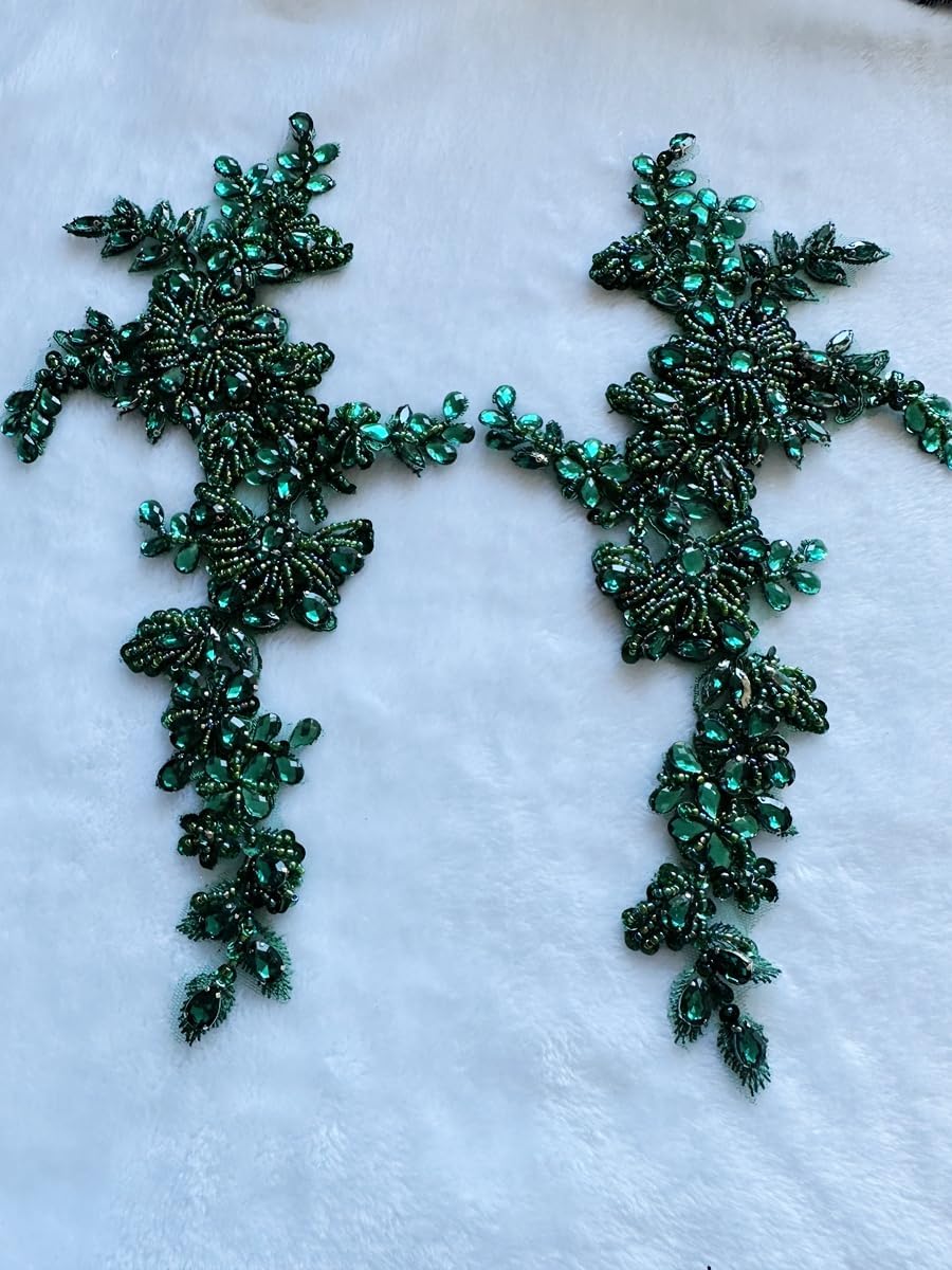 Handmade Rhinestones lace Trim Patches handsewing Beads Applique for Dress One Pair DIY Accessories (Deepgreen)