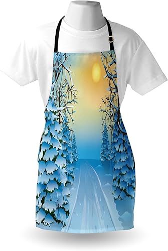 Miniatura 3 de Invierno delantal por Ambesonne impresión, bosque vista visualización gráfica con Snowy camino entre árboles y sol en cielo, unisex delantal con
