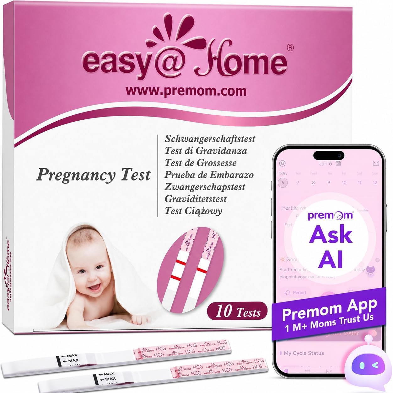 Pregnancy Detection Test Strips Kit 10 Tests: Easy@Home hCG Tests 10 MIU/mL, Powered by Fertility Tracker iOS and Android Premom App (10 hCG)