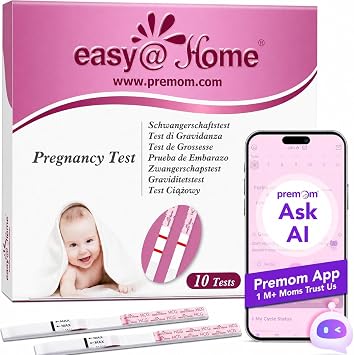 Pregnancy Detection Test Strips Kit 10 Tests Easy@Home hCG Tests 10 MIU/mL, Powered by Fertility Tracker iOS and Android Premom App 10 hCG