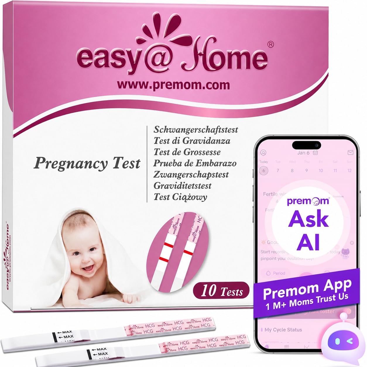 Pregnancy Detection Test Strips Kit 10 Tests: Easy@Home hCG Tests 10 MIU/mL, Powered by Fertility Tracker iOS and Android Premom App (10 hCG)