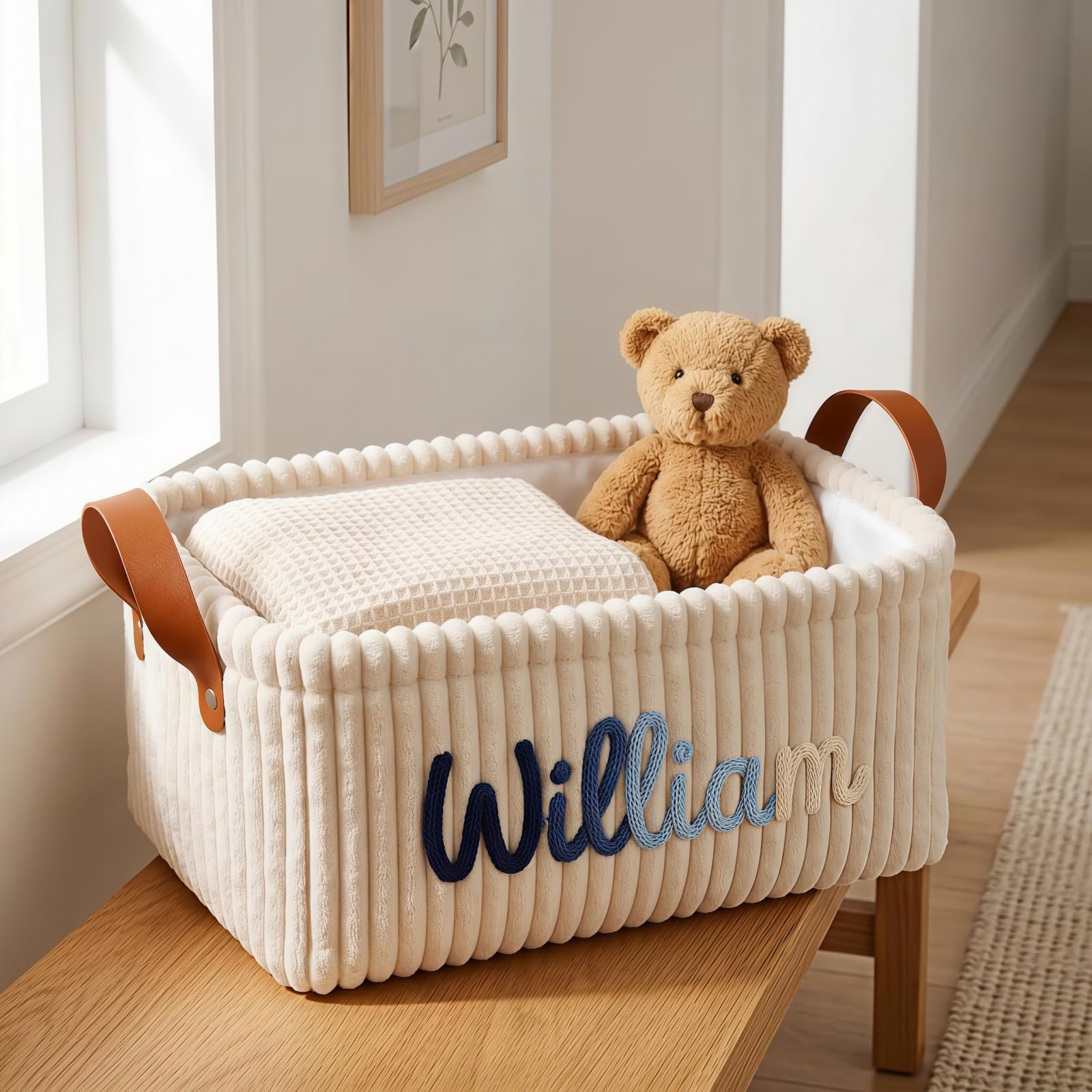Personalized Baby Gift Basket With Name, Custom Corduroy Storage Bin For Nursery, Newborn Shower Organizer Box For Baby Boy & Girl, Caddy For Diaper & Clothing(Beige)