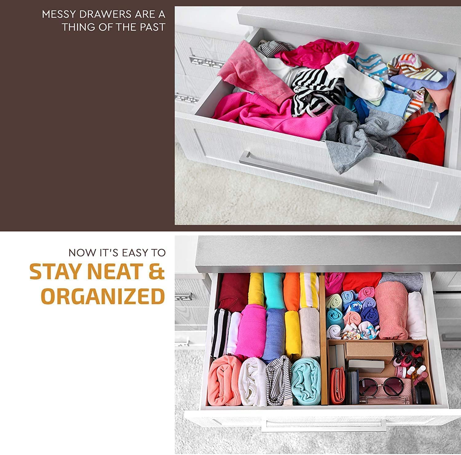 Adjustable Bamboo Drawer Dividers Organizers 4 Pack Large Expandable