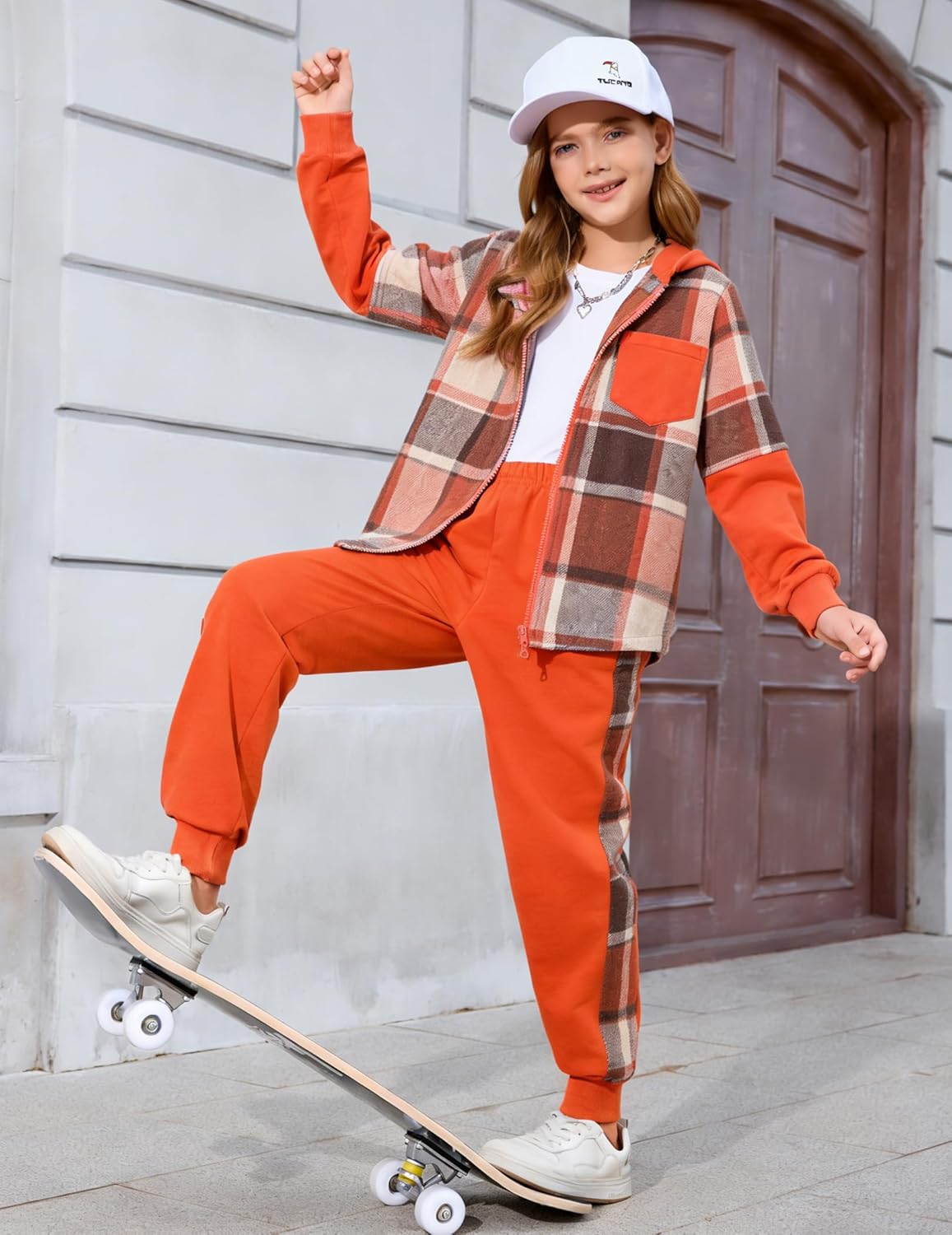 2Pcs Girls Clothes Zip Up Plaid Flannel Hoodie Shirts and Jogger Sweatpants for Kids Fall Winter Spring Outfits - Image 6