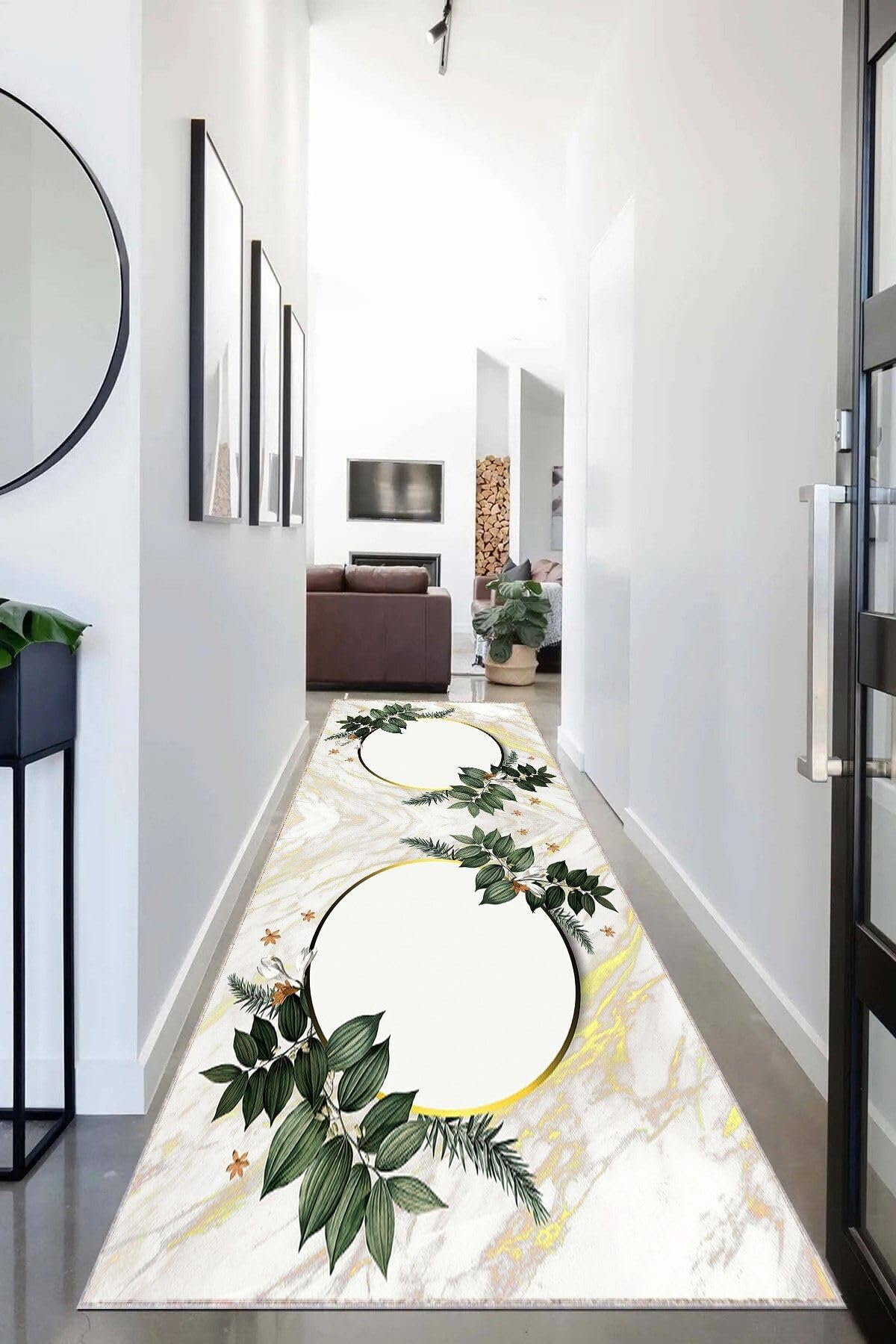 Pelangi Mermer Desenli Yapraklı Dijital Baskı Yıkanabilir Kaymaz Taban Modern Salon Halısı ve Yolluk, Ekru-Yeşil 100 x 500, 95546631005007