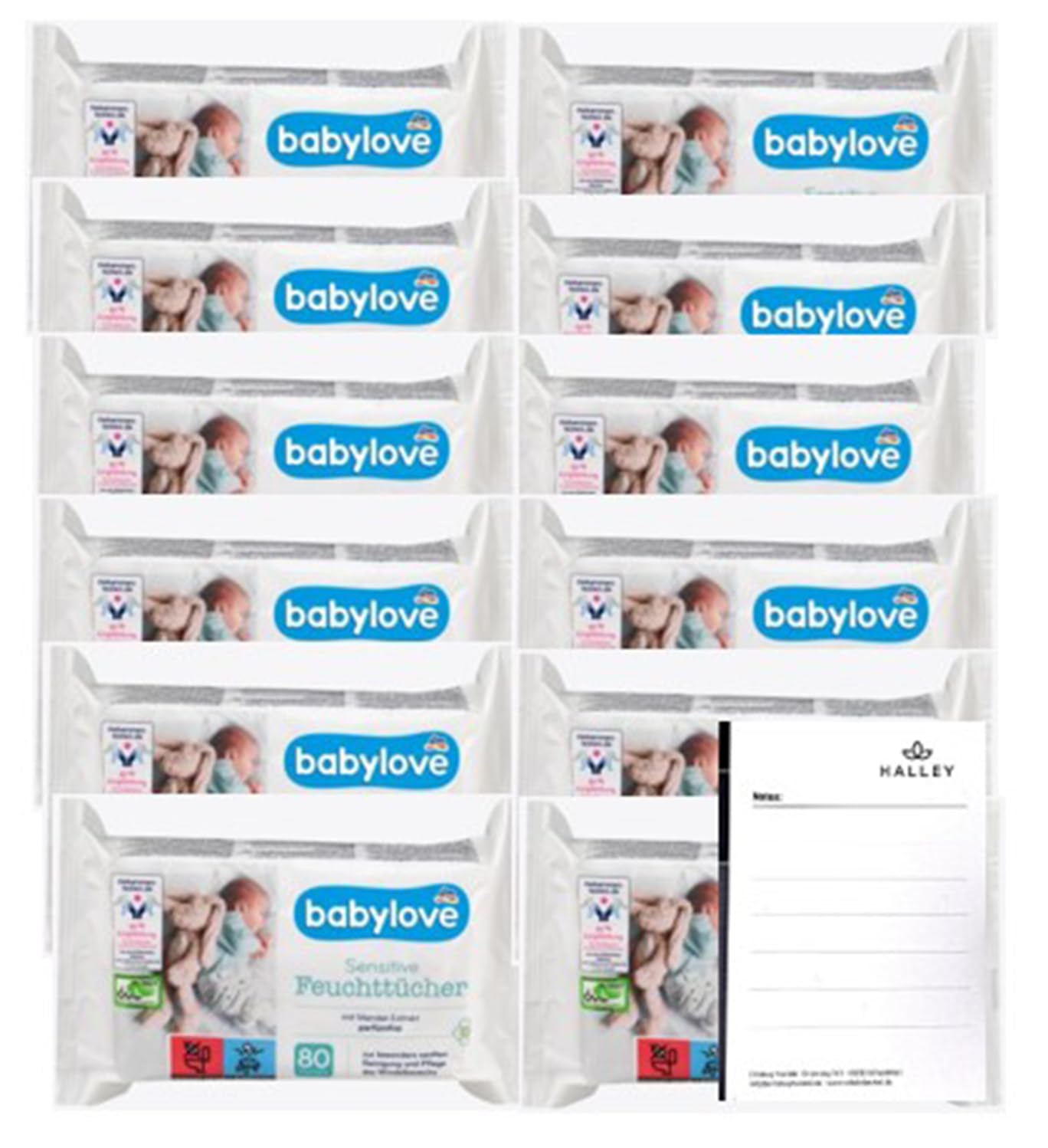 Babylove Feuchttücher sensitive 960 Tücher, Ohne Alkohol, Ohne Parfum, Vegan, pH-hautneutral (12x80St) + Halley Bedding Notizblock Set