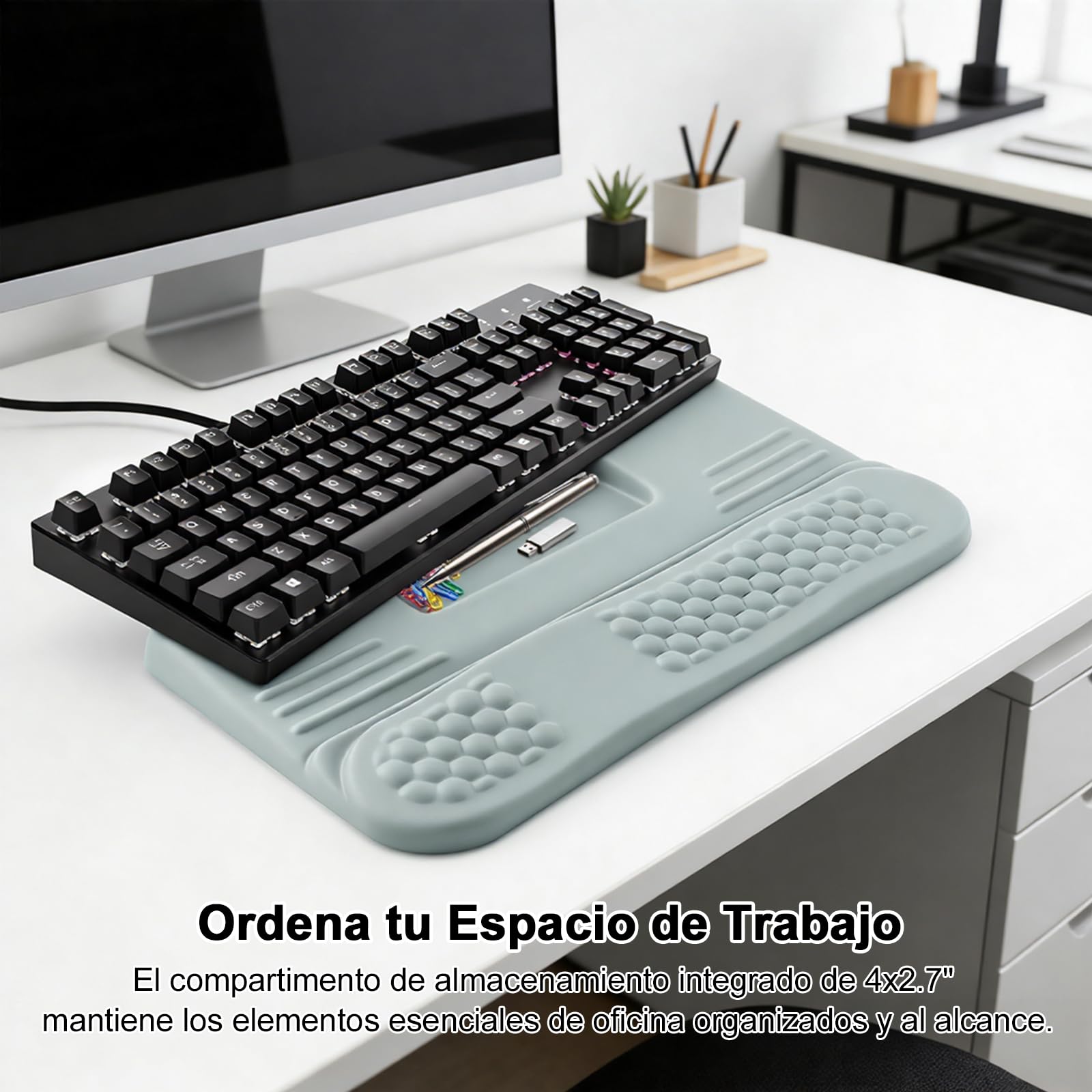LIMOUS Reposamuñecas Ergonómico para Teclado, Soporte Elevador Ajustable | Caja de Almacenamiento, 2 Ángulos (3° y 13°), Espuma Viscoelástica En Ola, Base Antideslizante, para Oficina y Gaming, 17.3"