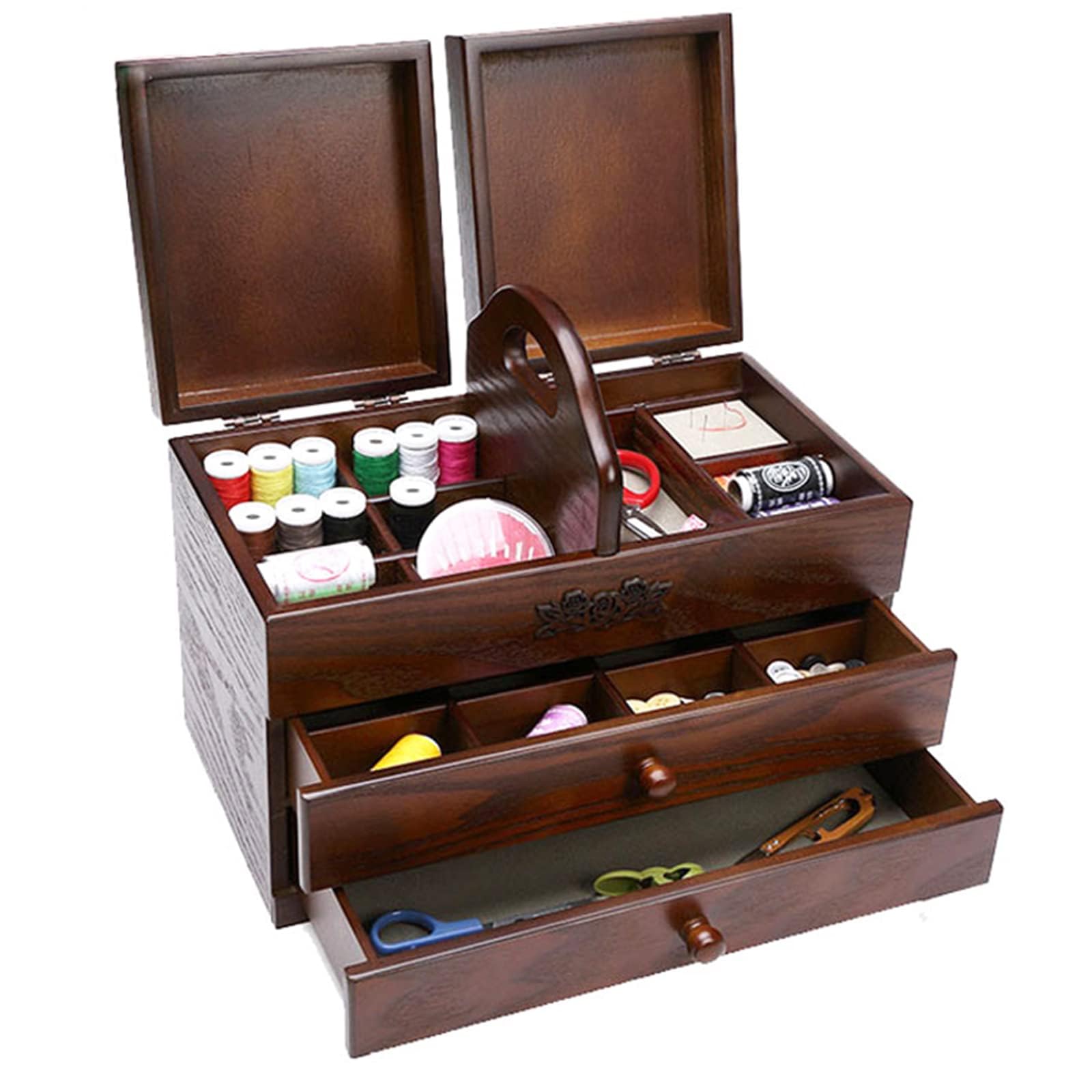MNBVH Wood Sewing Box, Large Sewing Baskets With 2 Drawers, Sewing Tools Organizer With Compartment, Easy Carrying, For Home And Embroidery(Empty Box)