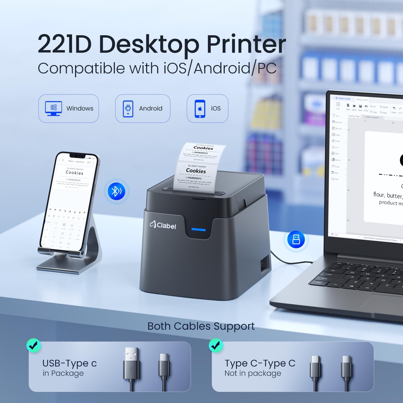 CLABEL 221D Stampante Termica per Etichette Adesive Bluetooth USB | Senza Inchiostro, App Clabel trade gratuita, QR Code/Barcode/Excel/PDF, Rotoli 20-50mm, per Negozi Uffici Artigianato Prezzi
