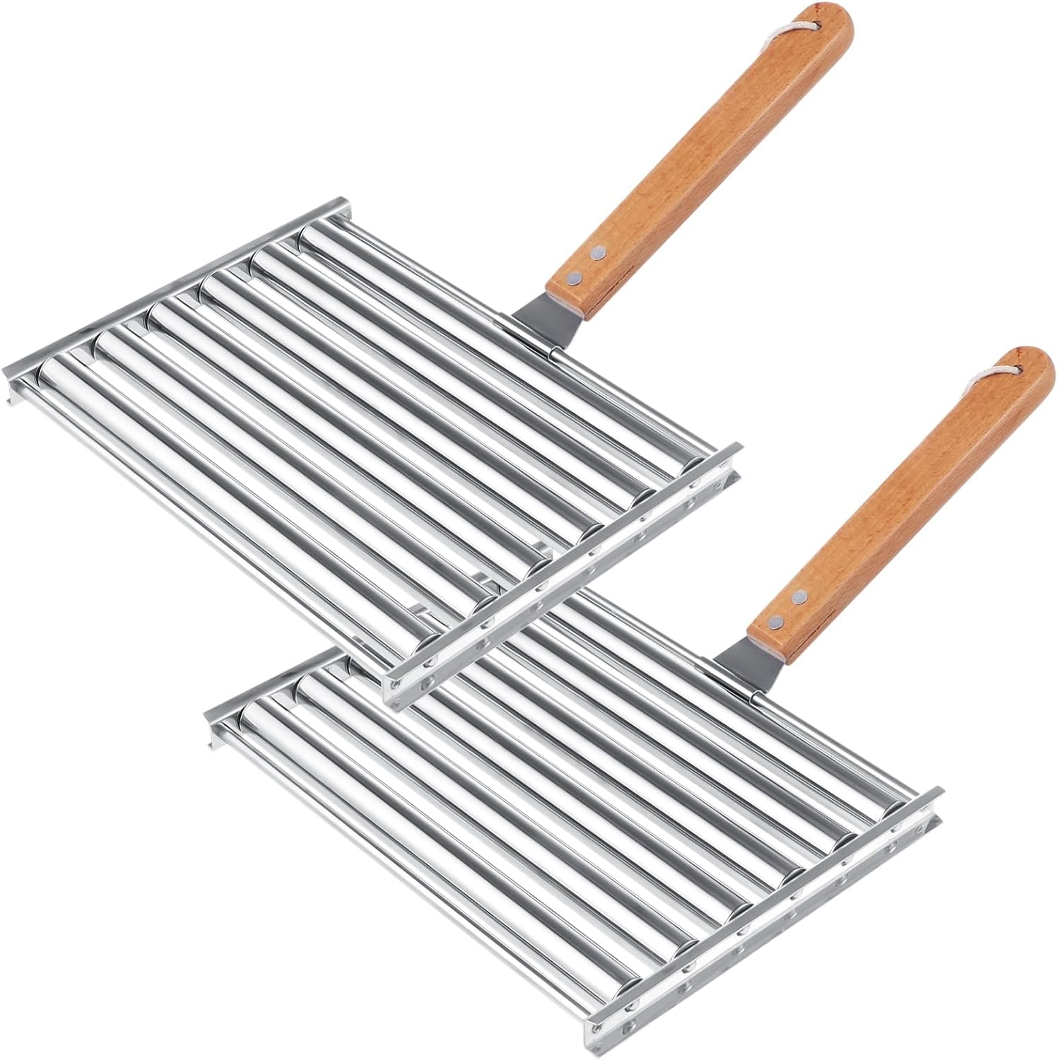 2PCS Hot Dog Roller for Grill, BBQ Hotdog Roller Grill, Stainless Steel Sausage Roller Rack with Wood Handle, Barbecue Roller Tools, Grilling Accessories for Outdoor, 9.4 x 7.1 Inch