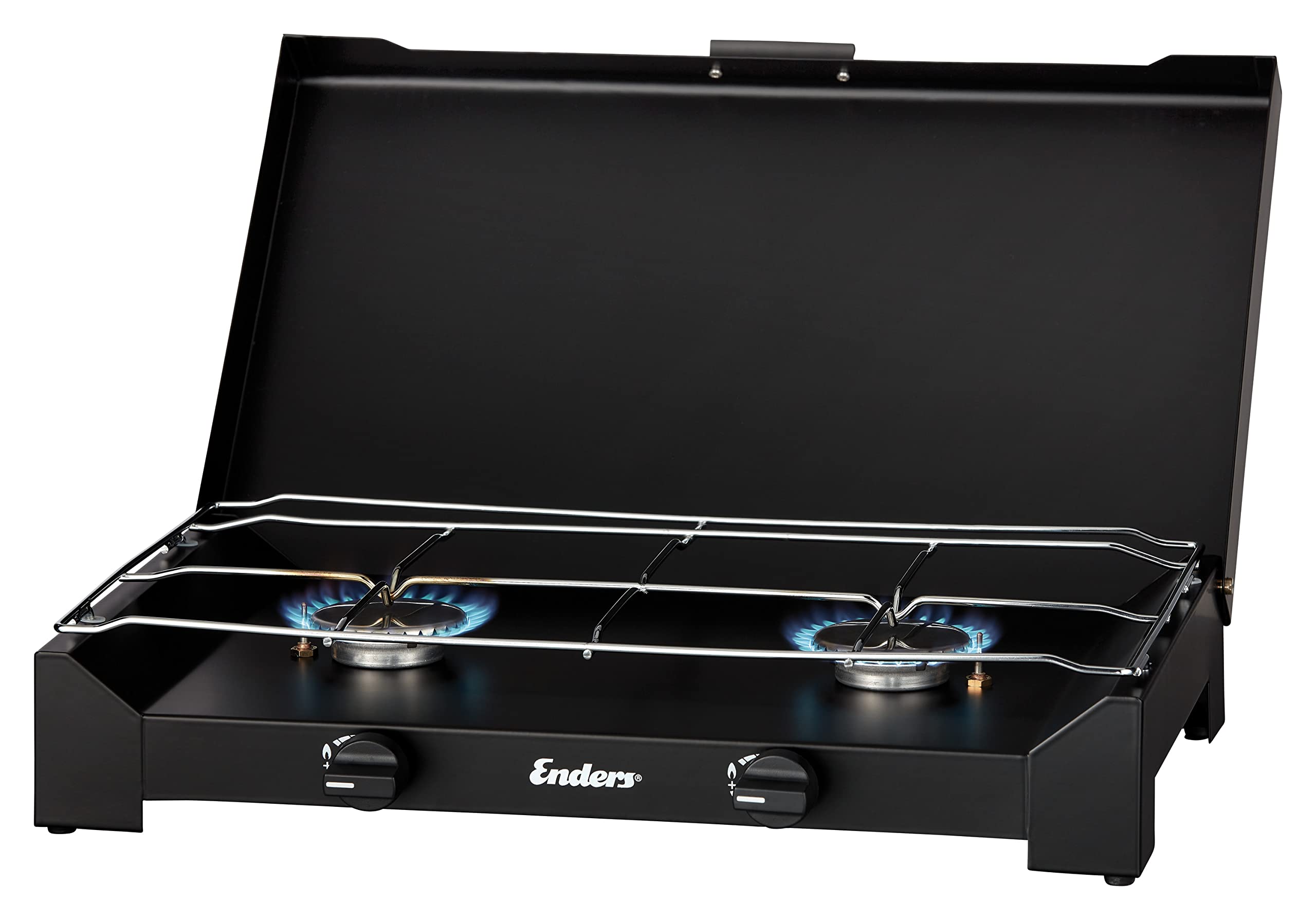 Enders Campingkocher DALGETY 2 Black, Gaskocher, 2-flammig, Edelstahlbrenner, manuelle Zündung, Topfrost aus verchromten Stahl, 2 x 2,3 kW #1855