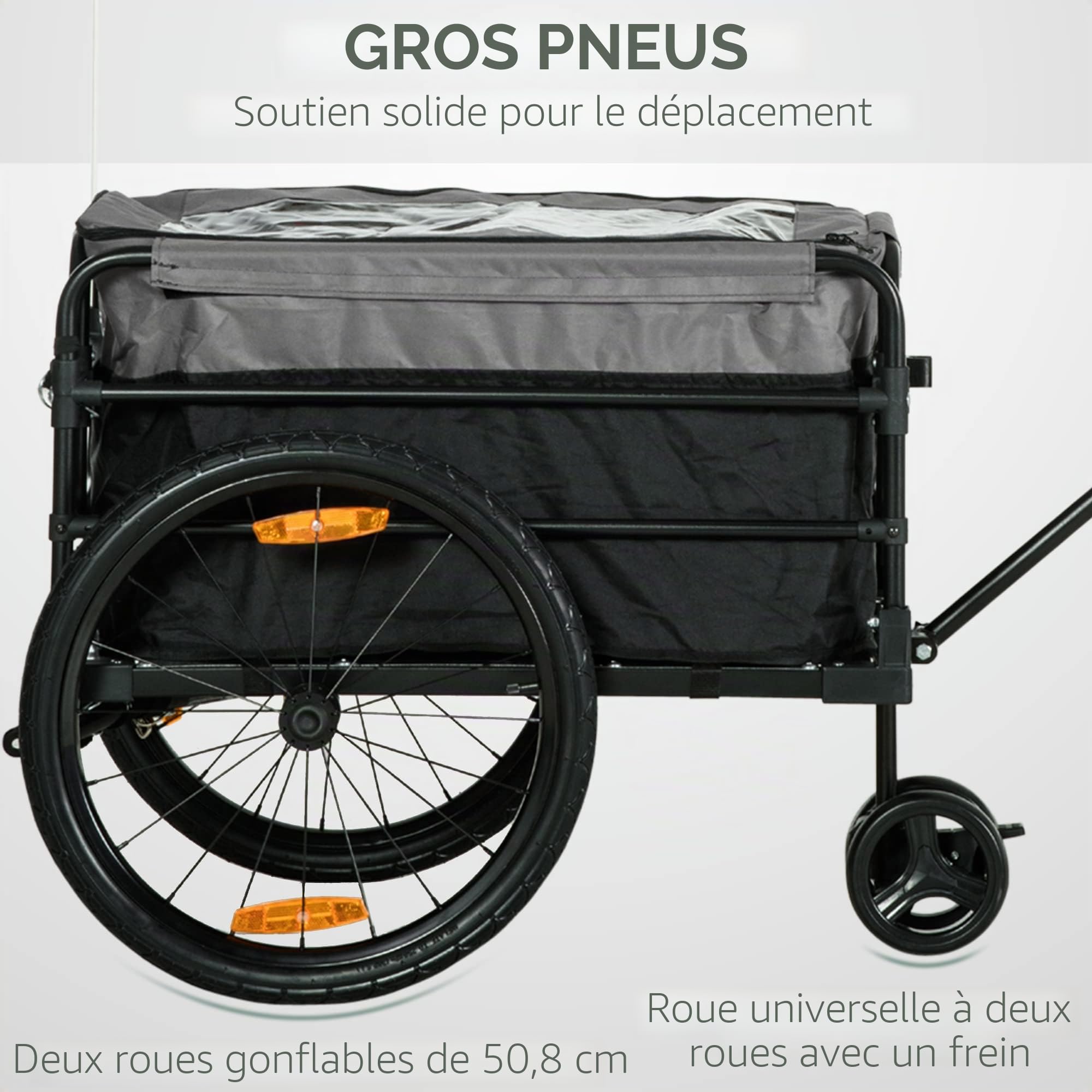 HOMCOM Remorque de vélo 2 en 1, remorque de transport, pneus 20 pouces, 40 kg de charge, acier, tissu Oxford, noir+gris, 130 x 64 x 64/103 cm