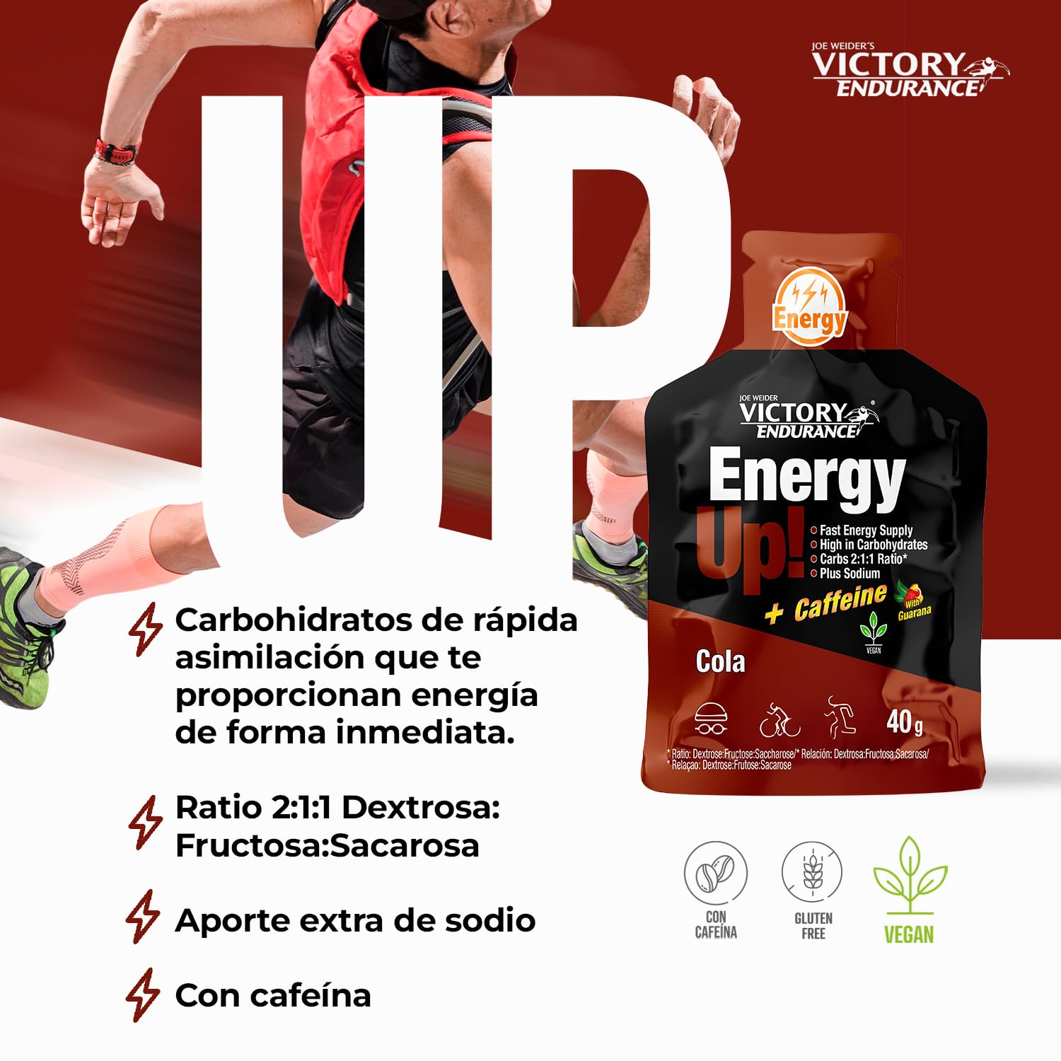 VICTORY ENDURANCE Energy Up Gel Cafeína Sabor Cola, con cafeína, con plus de sodio, Energía inmediata, 40 g (Paquete de 24) (WVE.129130)