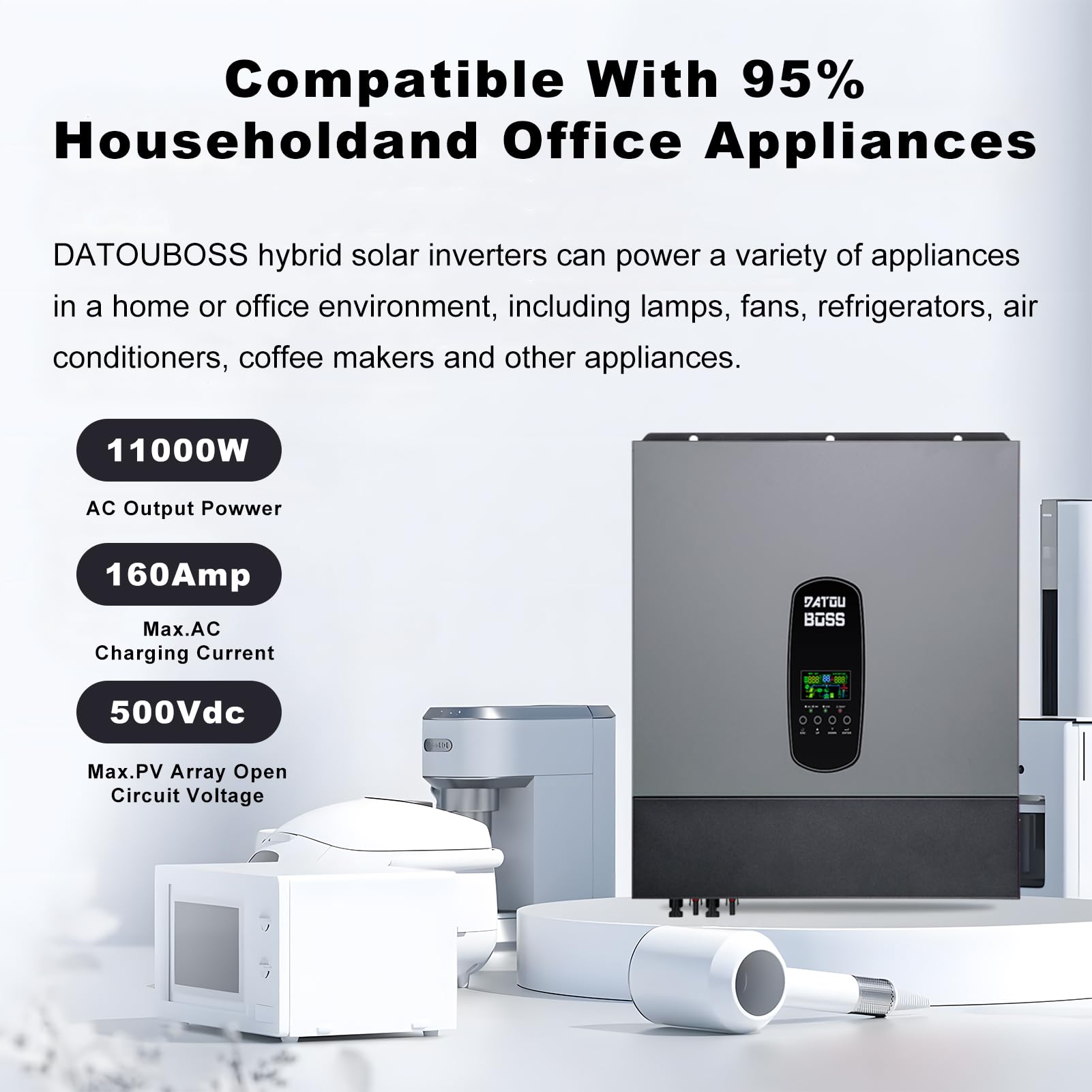 DATOUBOSS 11KW Inverter ibrido 48 V, inverter solare ibrido 48 V, 48 V DC a 230 V AC, supporta la connessione parallela e funzionamento senza batteria, 150 A MPPT,per batterie al piombo e acido al