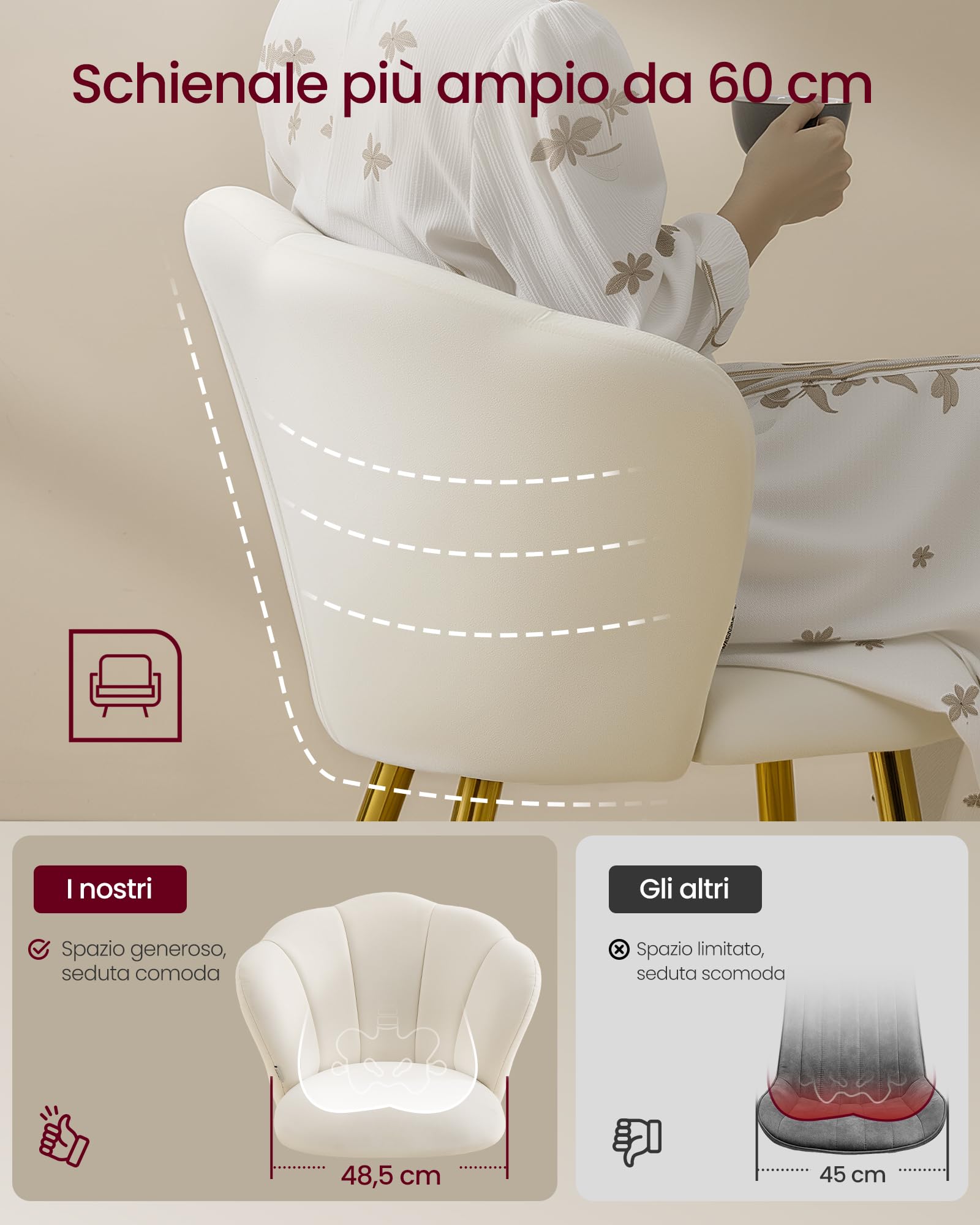 VASAGLE Sedia da Pranzo Cucina, Schienale a Forma di Petali, Sedia Trucco Imbottita, Velluto, Portata 150 kg, Gambe in Acciaio, per Soggiorno Camera da Letto, Bianco Crema KDC099W101