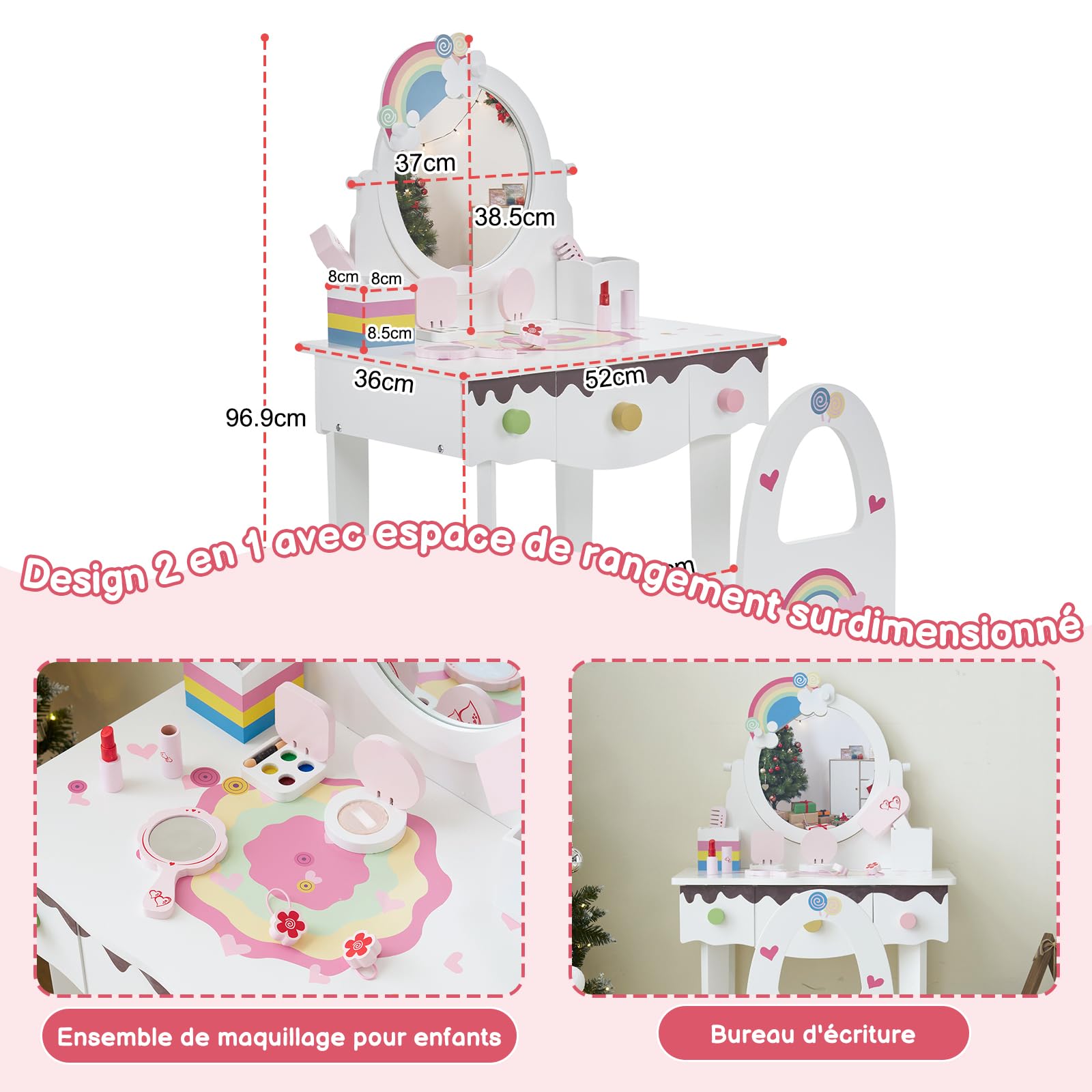 LALAHO Coiffeuse pour Enfants avec Miroir à Trois Volets, Tabouret et 7 Accessoires de Maquillage Jouet (Blanc)