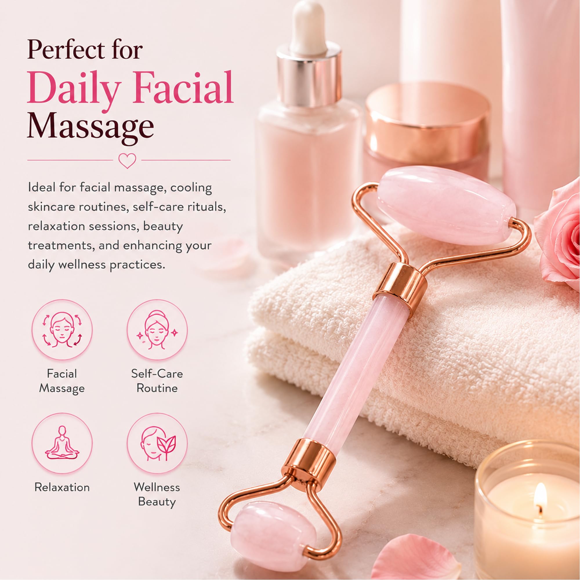 Serein Rose Quartz Facial Roller for Face & Neck Natural Pink Crystal Jade Roller for Skincare, Beauty & Self Care | Dual-Sided Gemstone Massage Tool with Rose Gold Frame 4