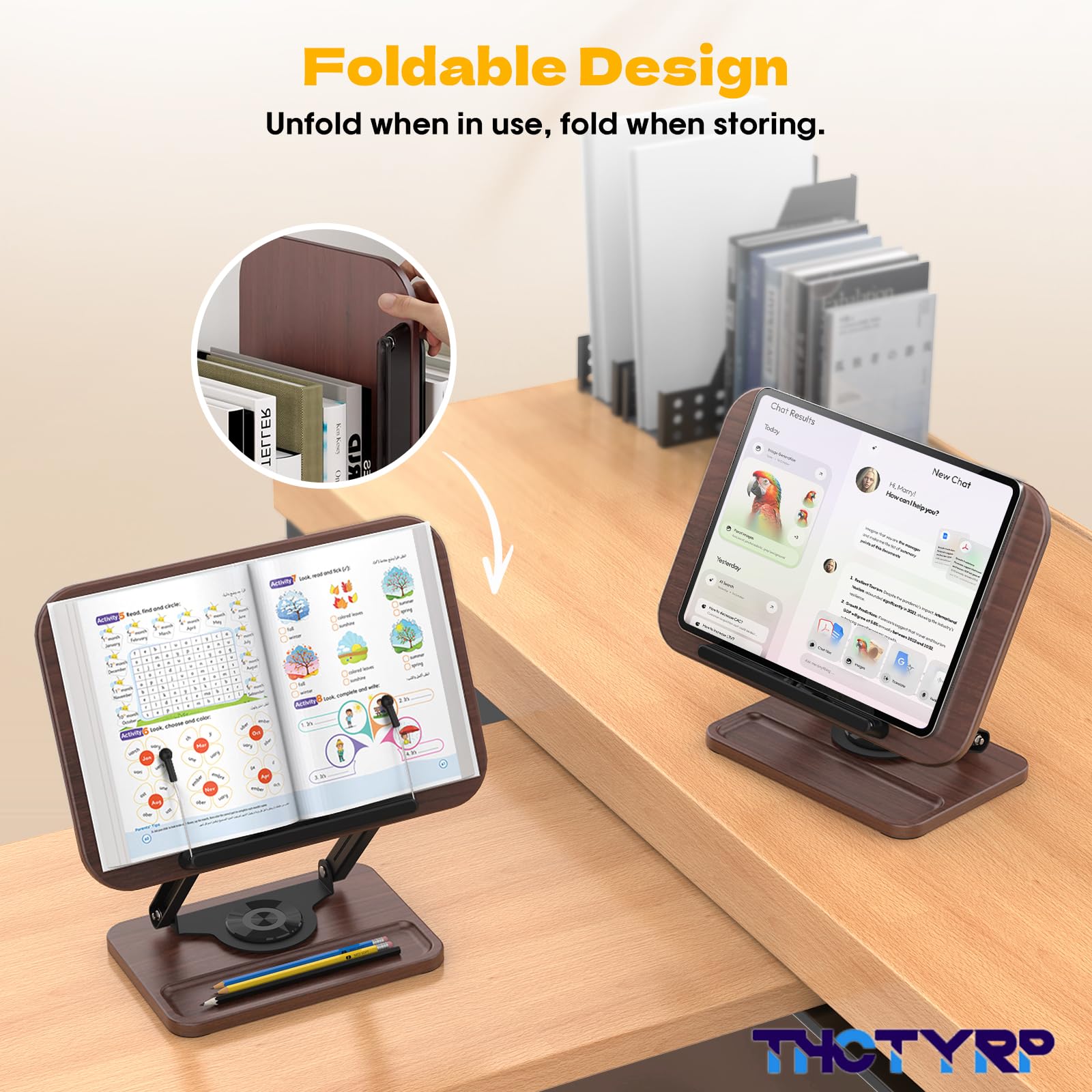 Stojak na książki z podstawą obrotową o 360° i regulacją wysokości, drewniany design, stojak do czytania książki kucharskiej, tabletu, laptopa, w zestawie szczelina na długopis