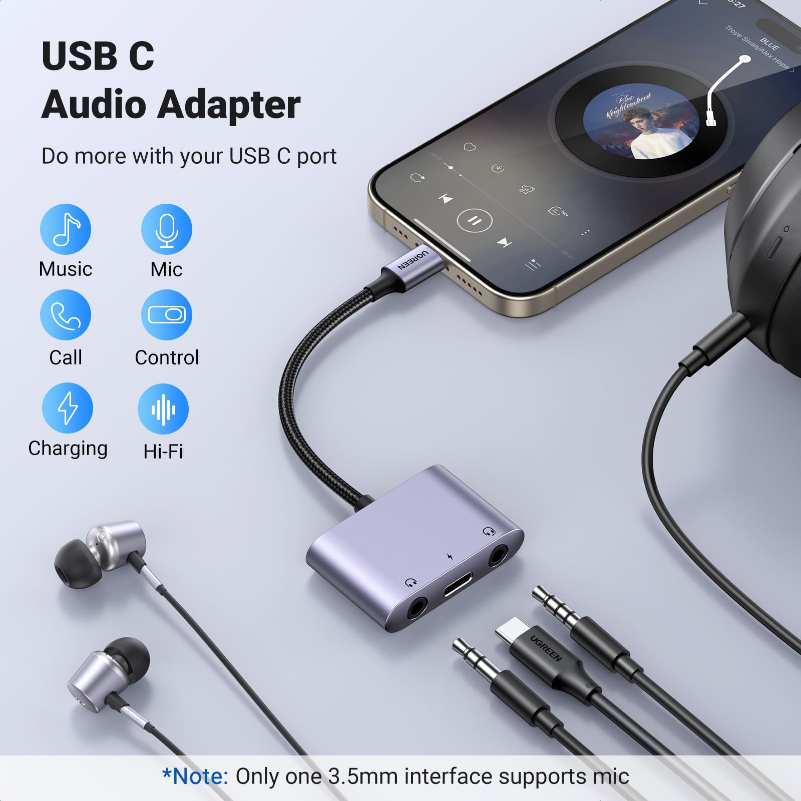 UGREEN USB C To 3.5mm Audio Adapter 3 In 1 Charger And