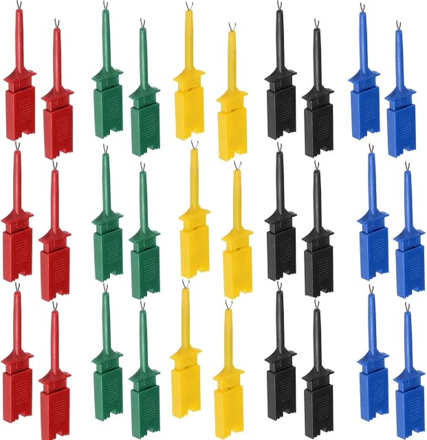 RUNCCI-YUN 30Pcs Mini Test Hook Probe Spring Clip ,Multimeter Wire Lead Test Hook Clip Electronic Mini Test Probe Set, Probe Grabber,for PCB SMD IC(Red Blue Black Yellow Green )