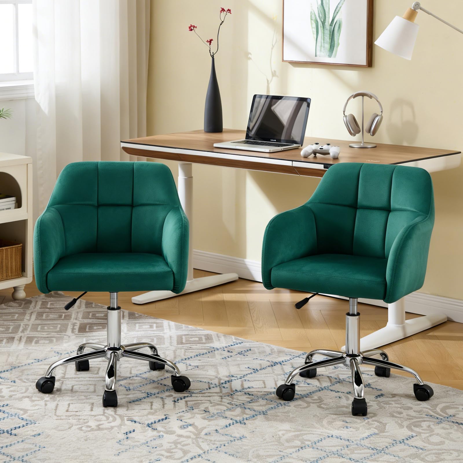 KHISCHMO Set of 2 Modern Mid Back Velvet Office Chairs, Adjustable Height Swivel Vanity Computer Chairs with Criss Cross Base and Wheels, Home Office, Green