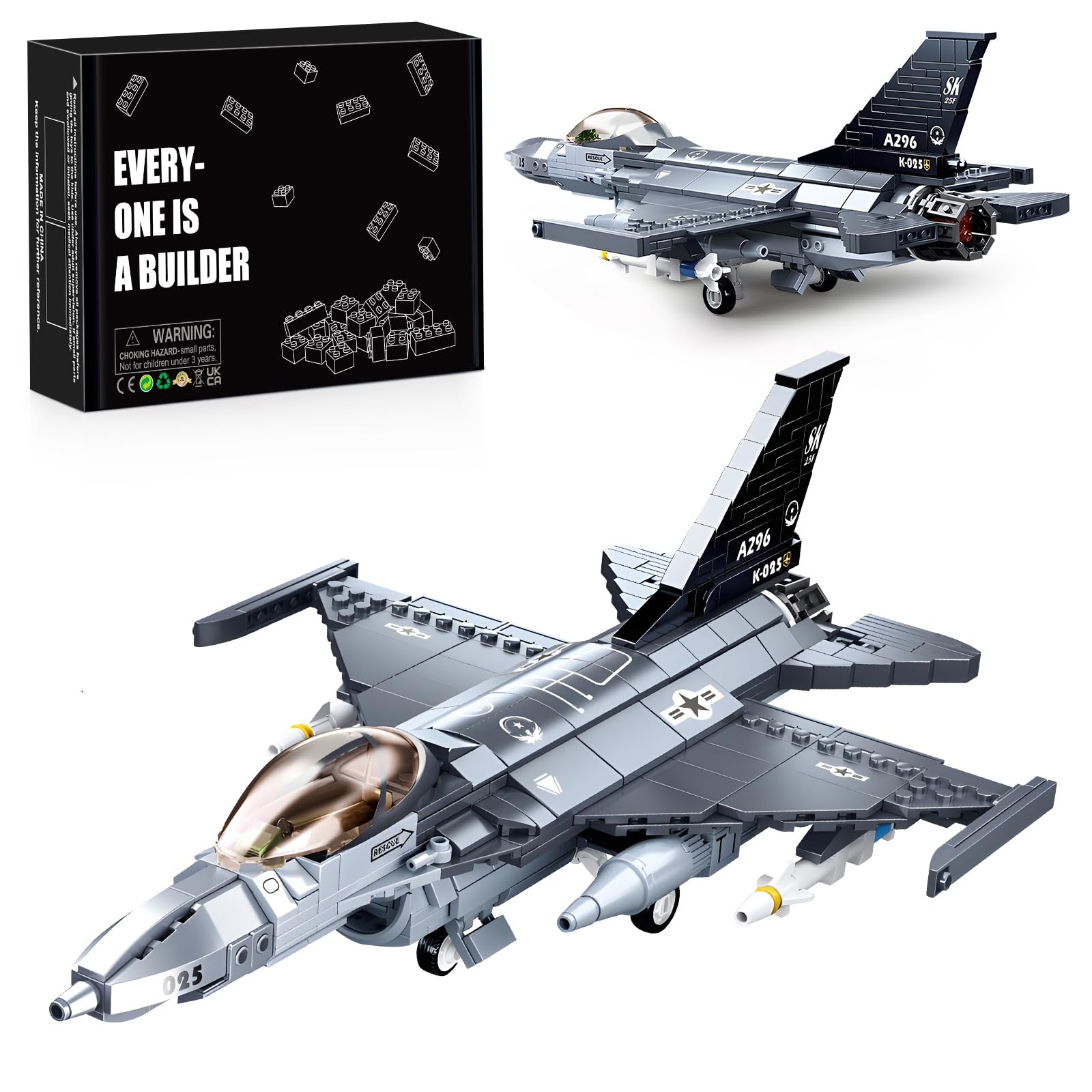HIGH GODO Set di blocchi per costruzioni di aerei da caccia F-16C, modello Eurofighter scala 1:44 521 pezzi blocchi per costruzioni con morsetti per aerei da caccia della seconda guerra mondiale, comp