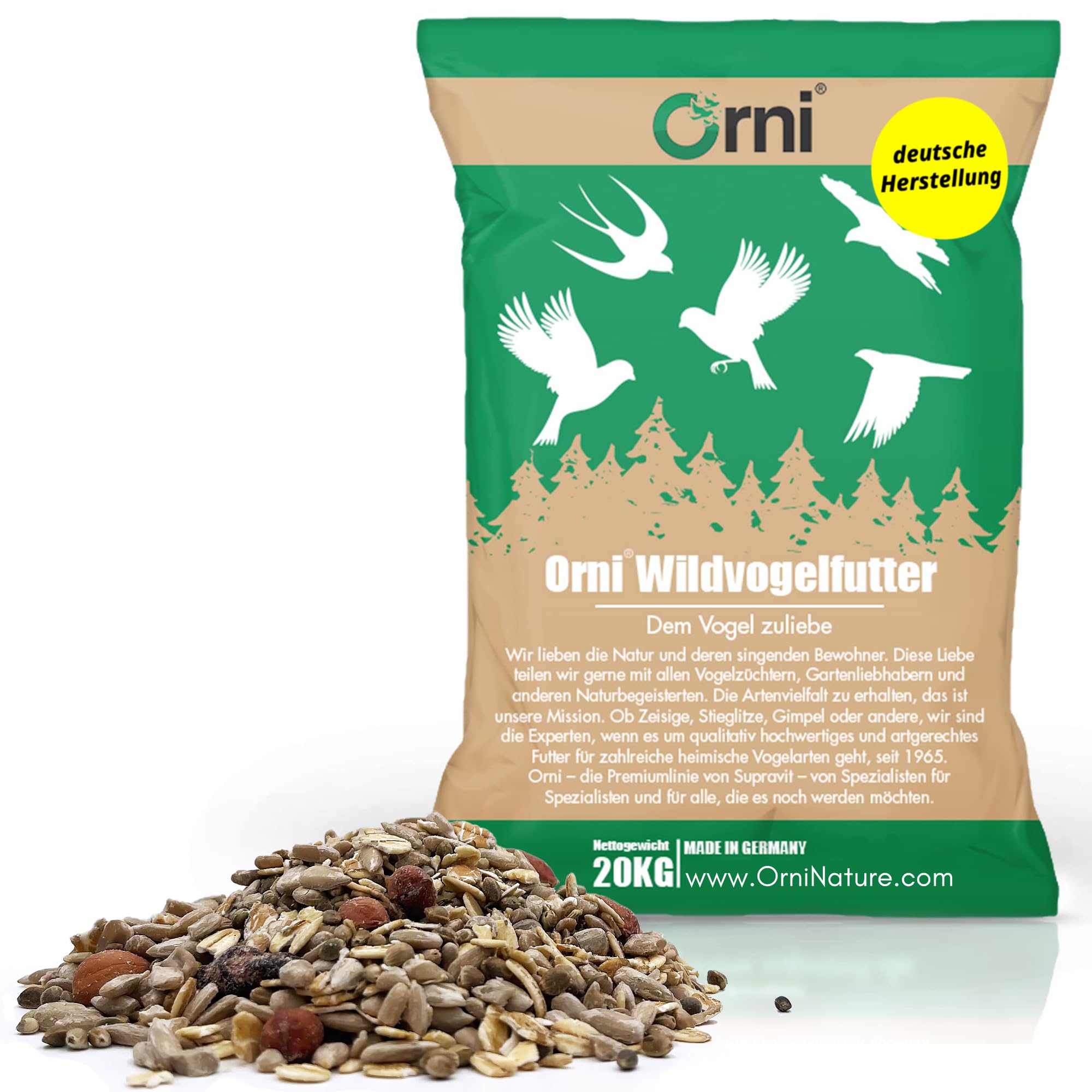 Orni Wildvogelfutter schalenlos Premium Streufutter 20kg | | Vogelfutter ohne Schalen für saubere Balkone & Gärten, kein Abfall | Ganzjahresfutter für Amseln