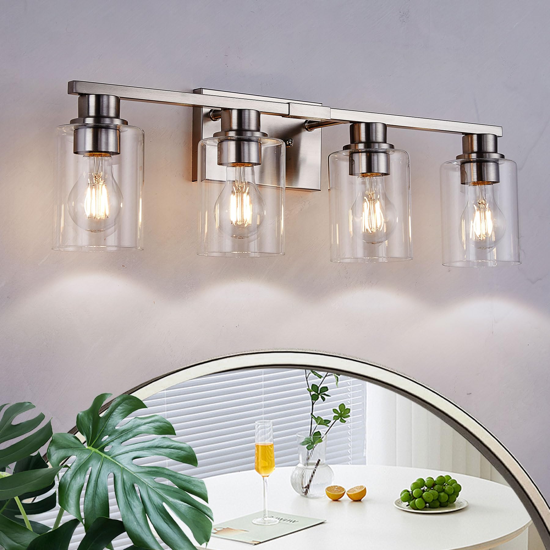 landskylite Bathroom Vanity Light Fixture, Brushed Nickel | 26" 4-Light, Clear Glass Mirror Lighting - Bathroom, Living Room, Dressing Room Wall Sconce