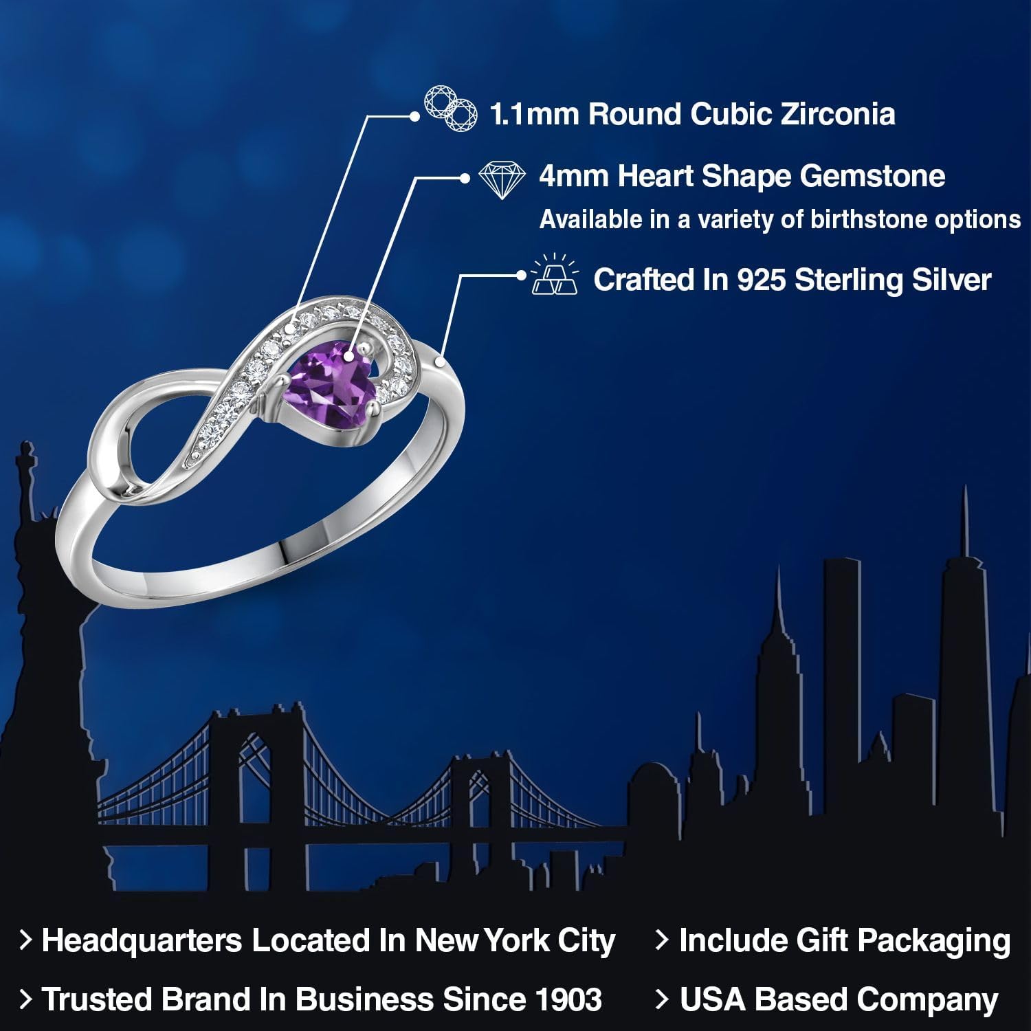 Gem Stone King Heart Shape Gemstone Birthstone Infinity Ring For Women | 925 Sterling Silver | Wedding Engagement Anniversary Promise Ring | 4MM Heart | Available in Size 5,6,7,8,9